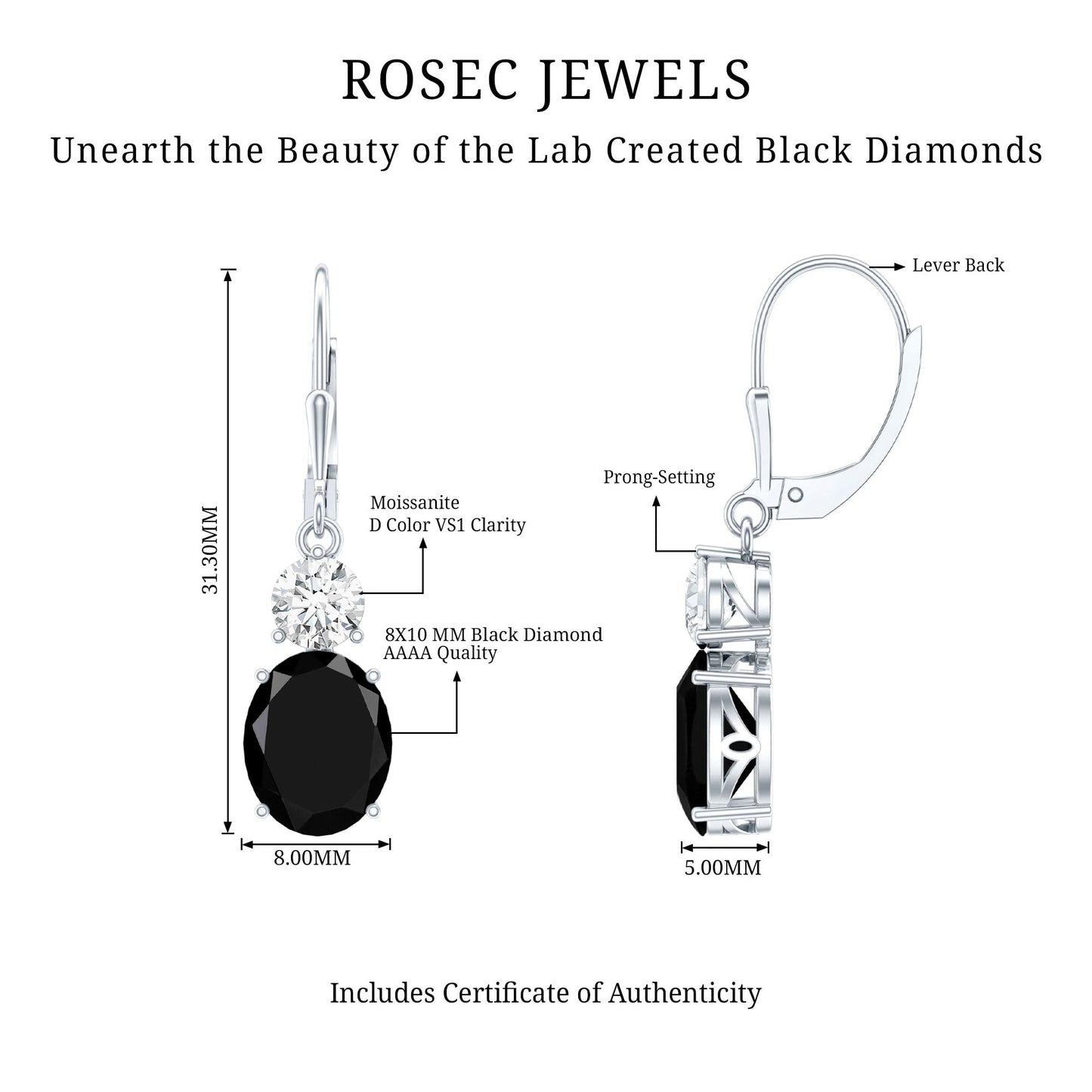 Oval Shaped Lab Created Black Diamond Drop Earrings with Moissanite
