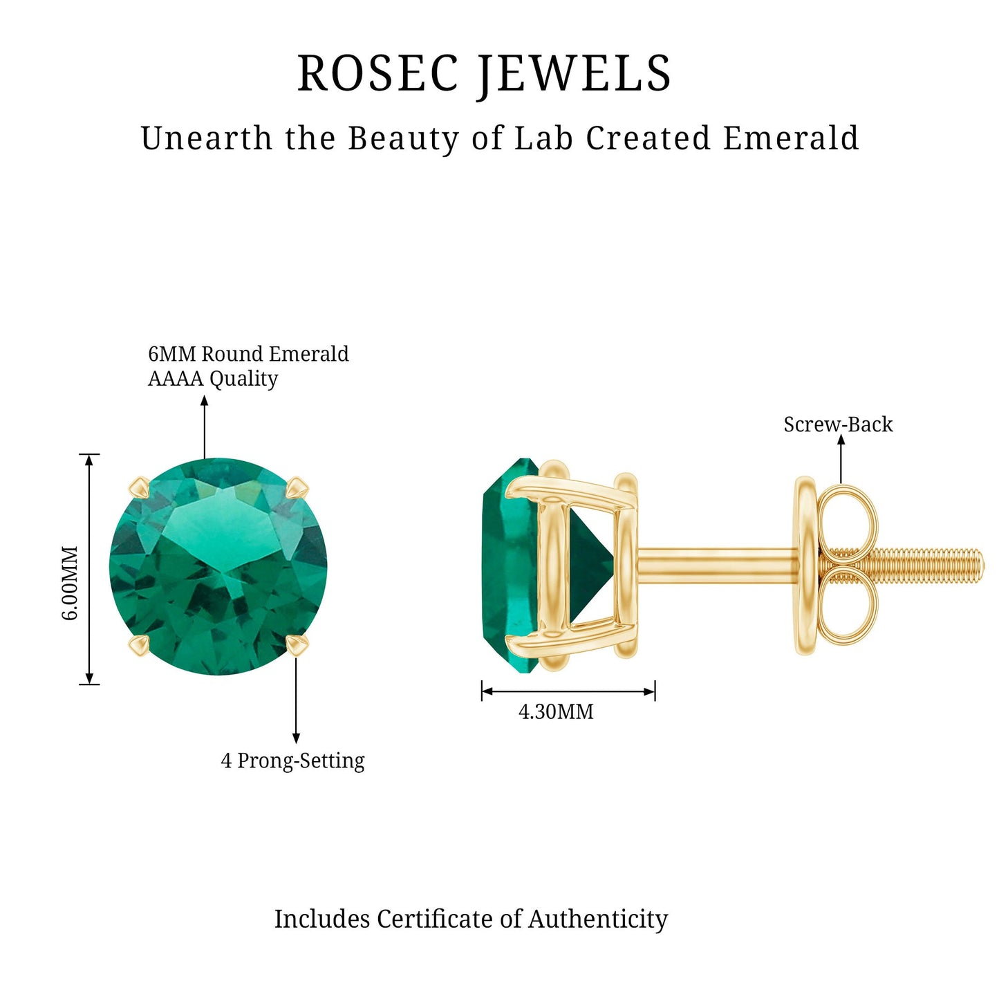 Round Shape Lab Grown Emerald Solitaire Stud Earrings