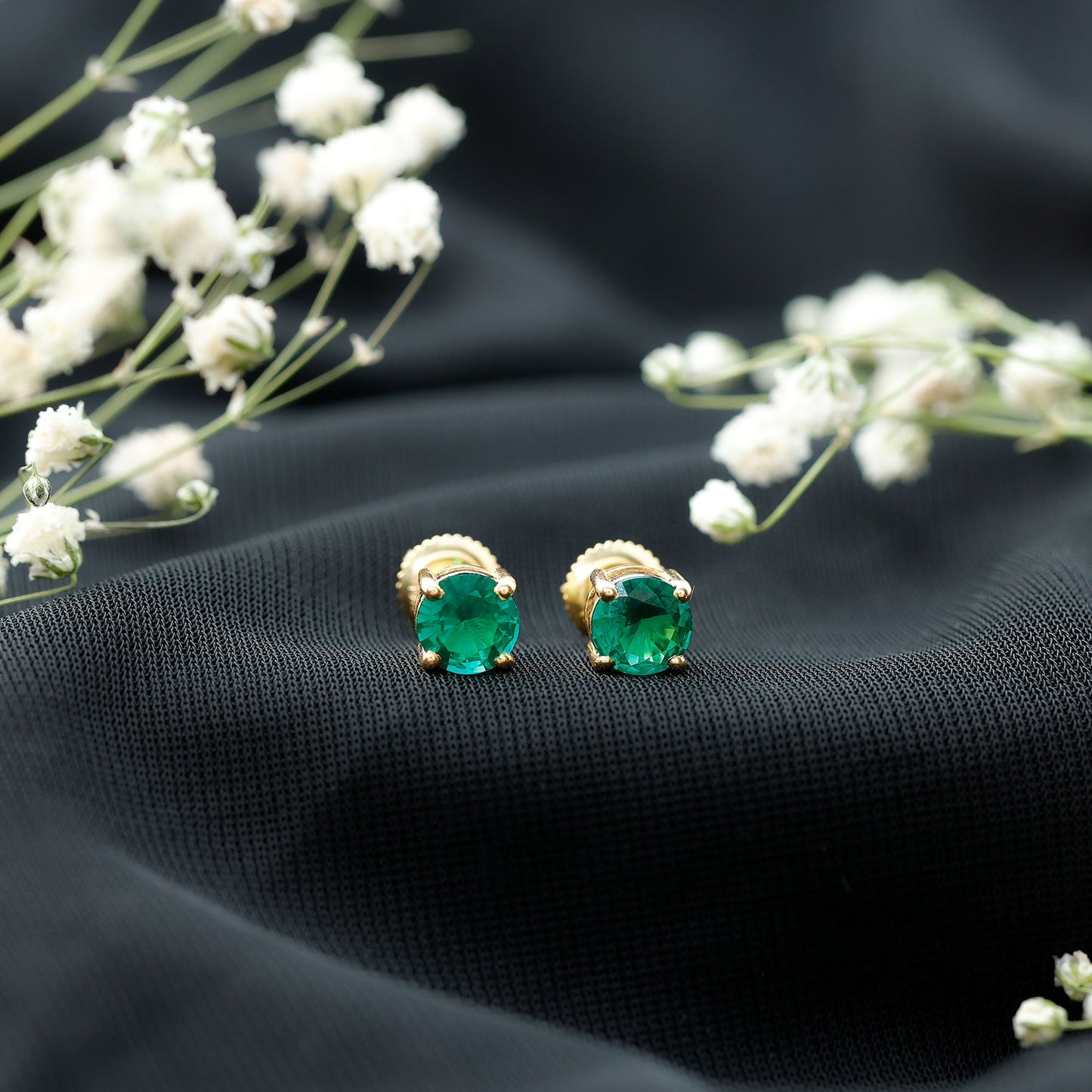 Round Shape Lab Grown Emerald Solitaire Stud Earrings