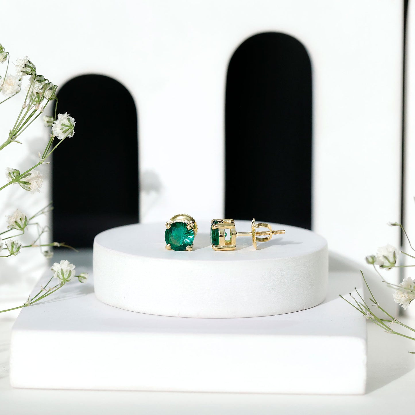 Round Shape Lab Grown Emerald Solitaire Stud Earrings