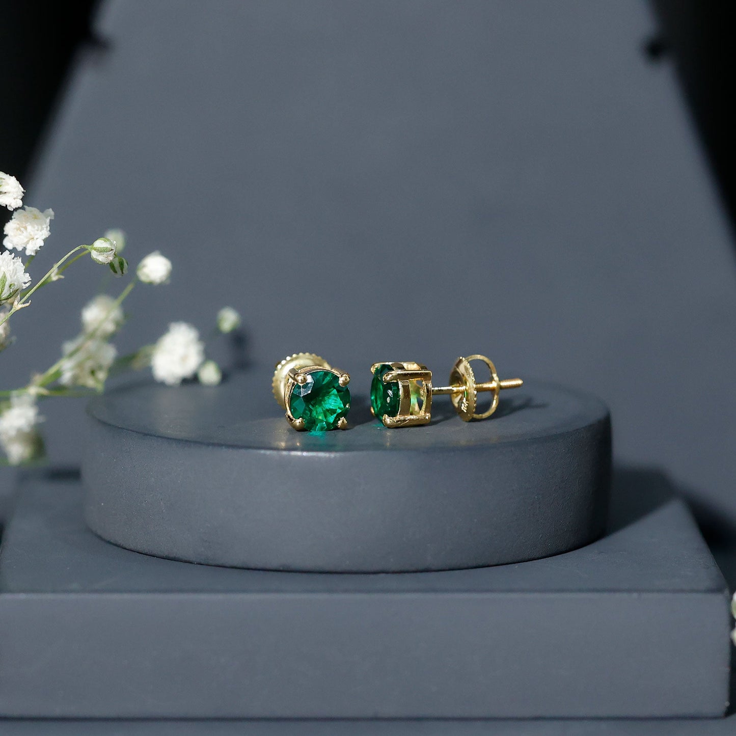 Round Shape Lab Grown Emerald Solitaire Stud Earrings