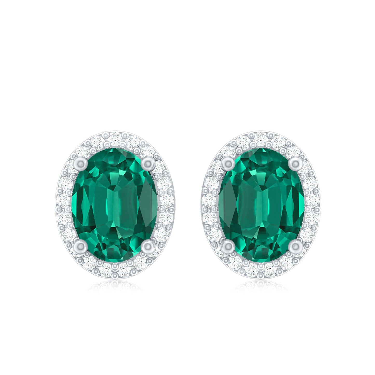 Classic Oval Shaped Lab Grown Emerald and Diamond Halo Stud Earrings