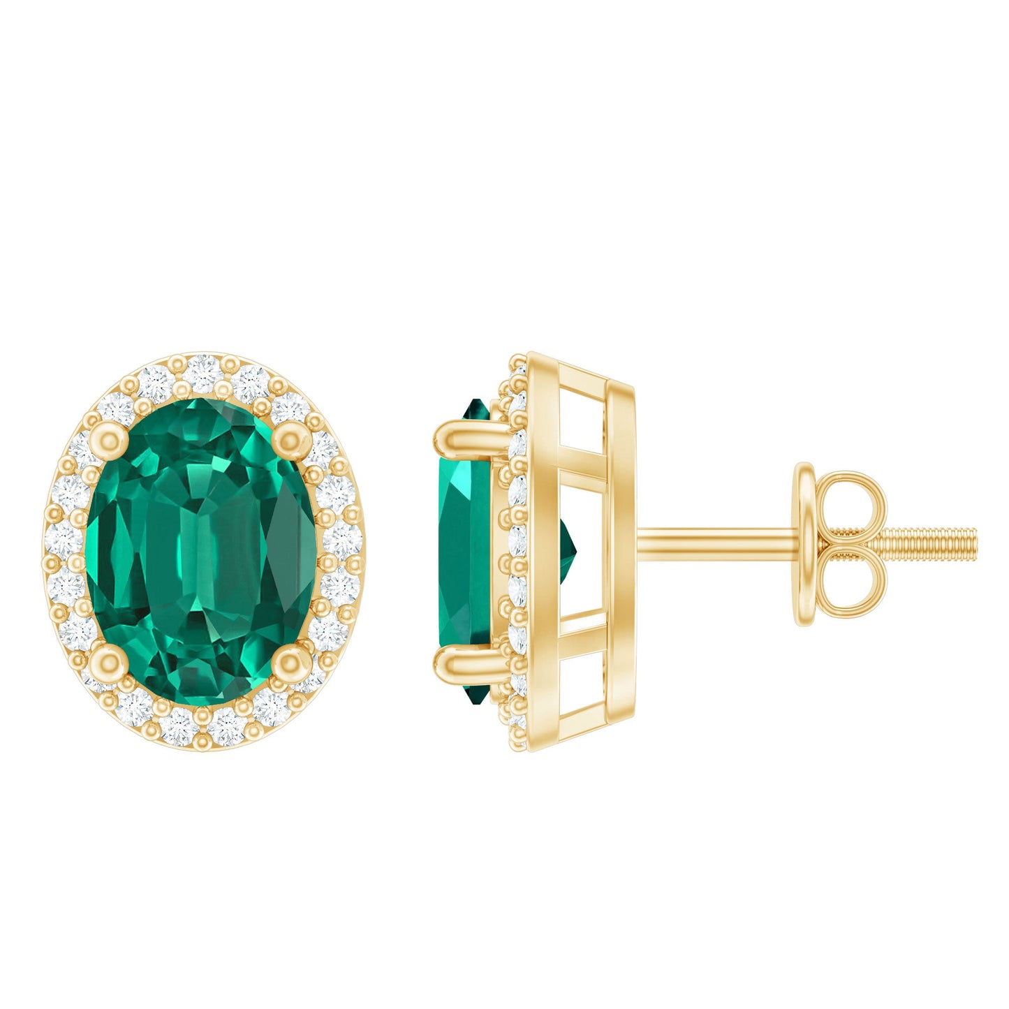 Classic Oval Shaped Lab Grown Emerald and Diamond Halo Stud Earrings