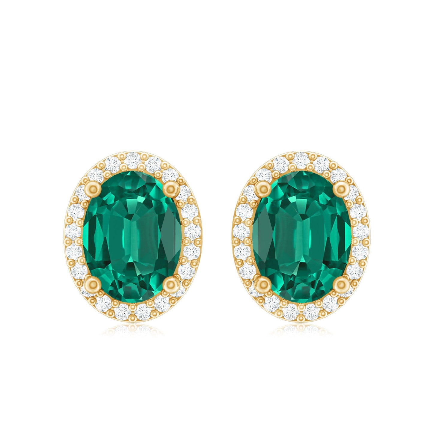 Classic Oval Shaped Lab Grown Emerald and Diamond Halo Stud Earrings