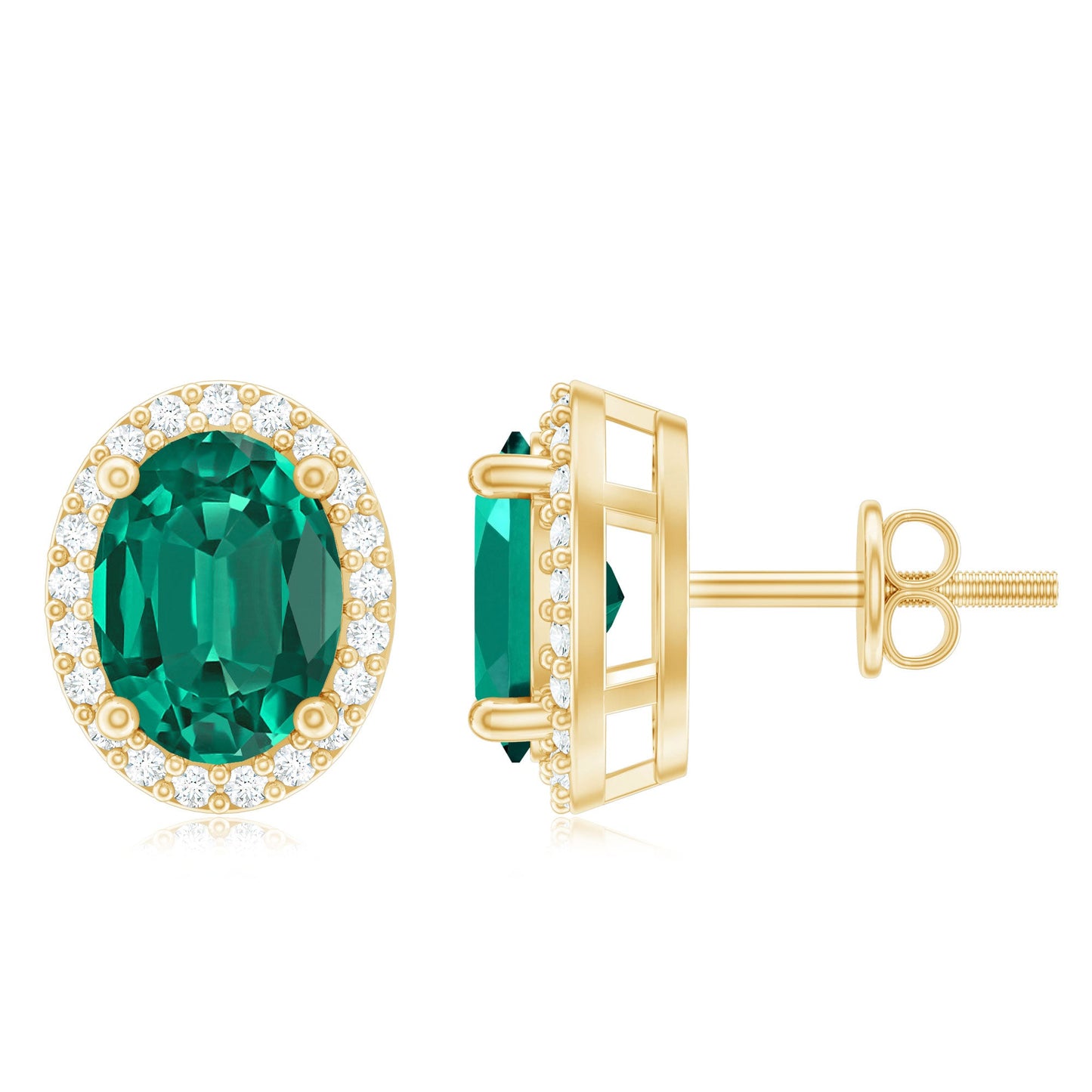 Classic Oval Shaped Lab Grown Emerald and Diamond Halo Stud Earrings
