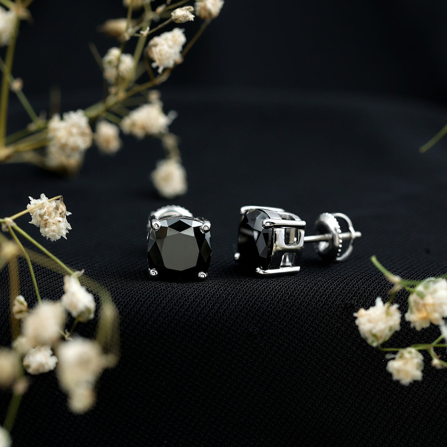 4 Carat Cushion Cut Black Spinel Solitaire Stud Earrings