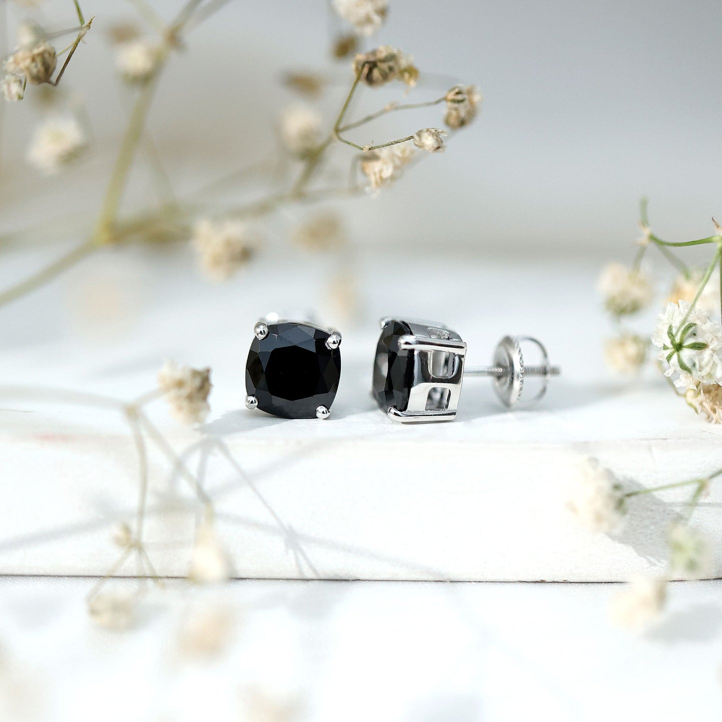 4 Carat Cushion Cut Black Spinel Solitaire Stud Earrings