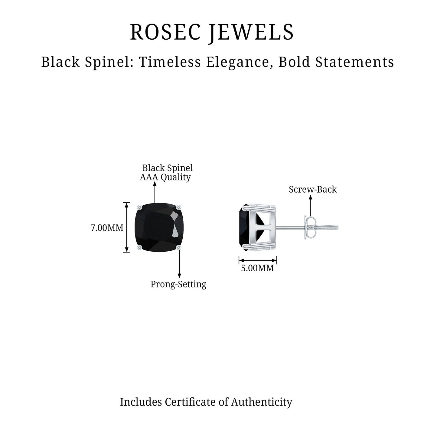 4 Carat Cushion Cut Black Spinel Solitaire Stud Earrings