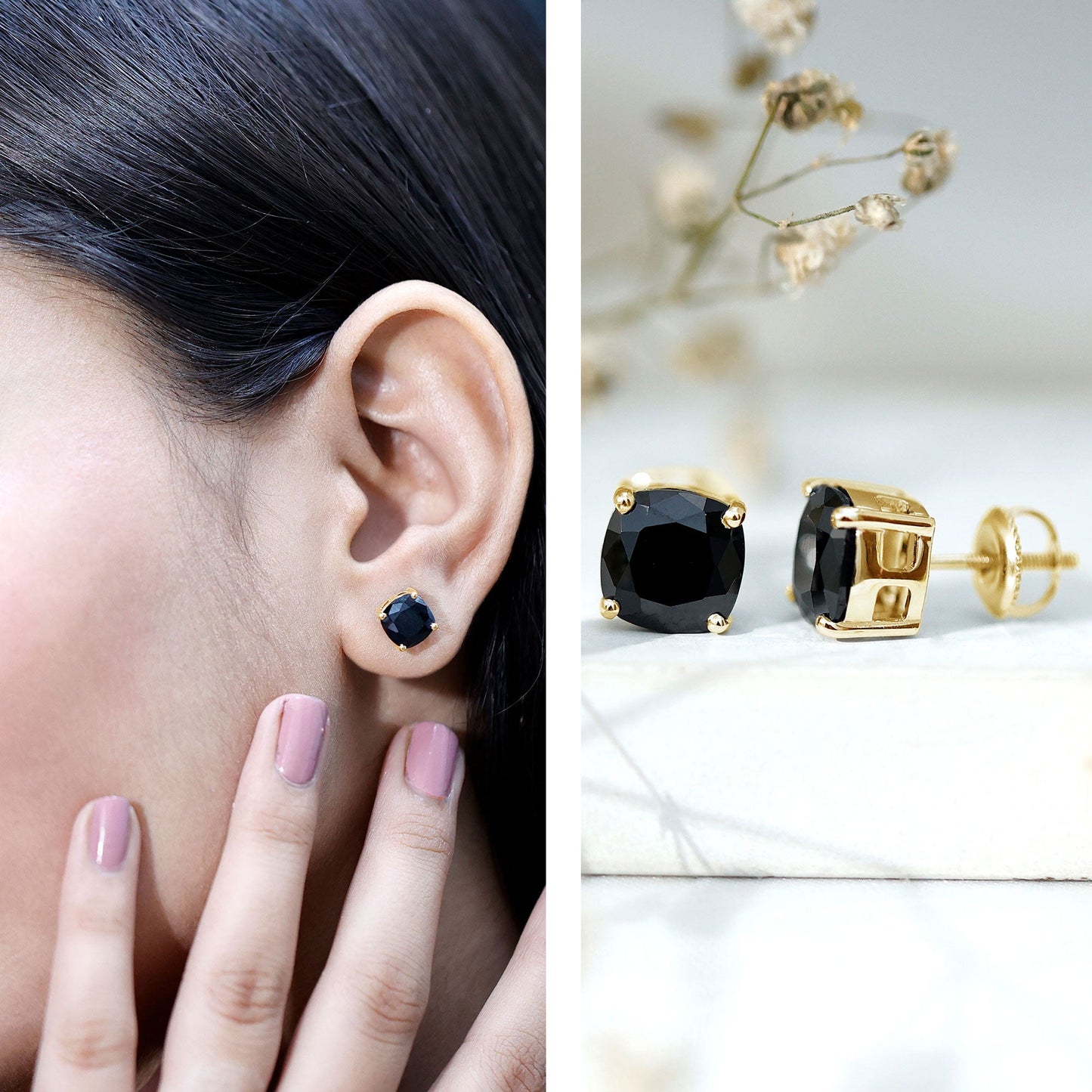 4 Carat Cushion Cut Black Spinel Solitaire Stud Earrings
