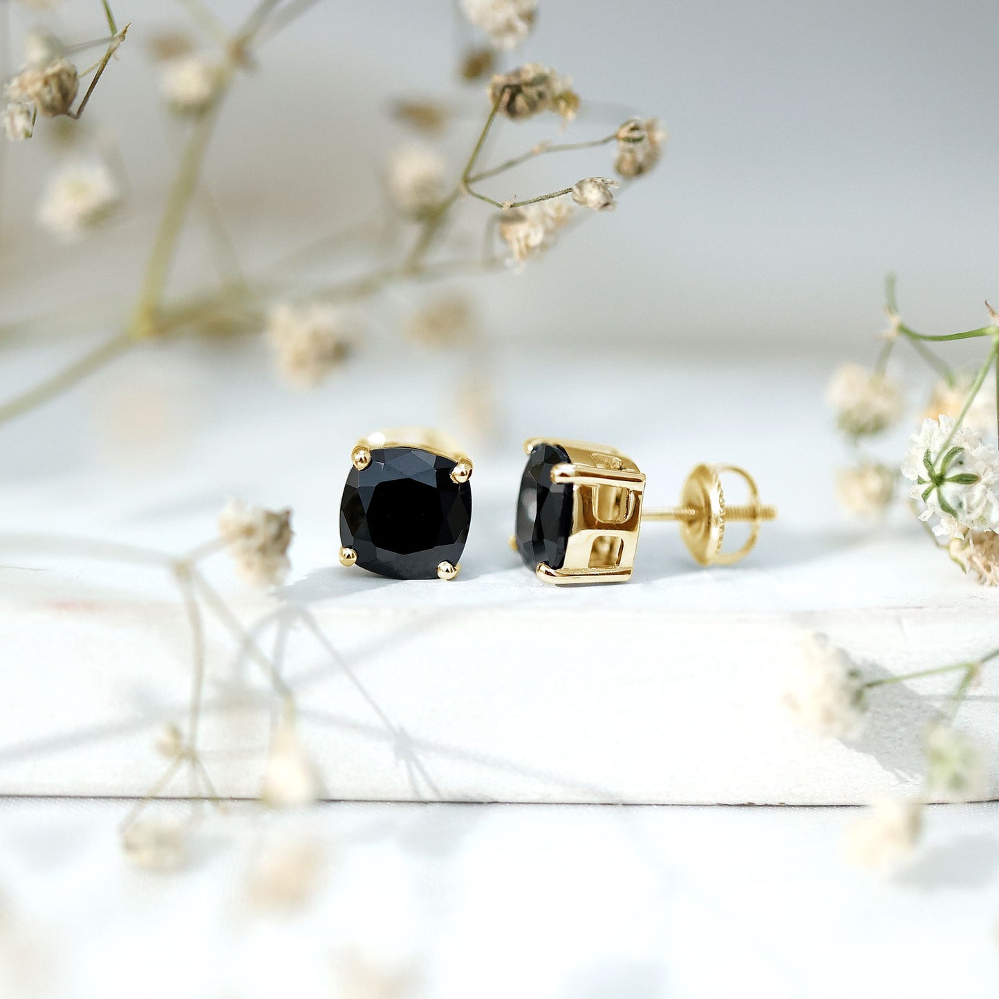 4 Carat Cushion Cut Black Spinel Solitaire Stud Earrings
