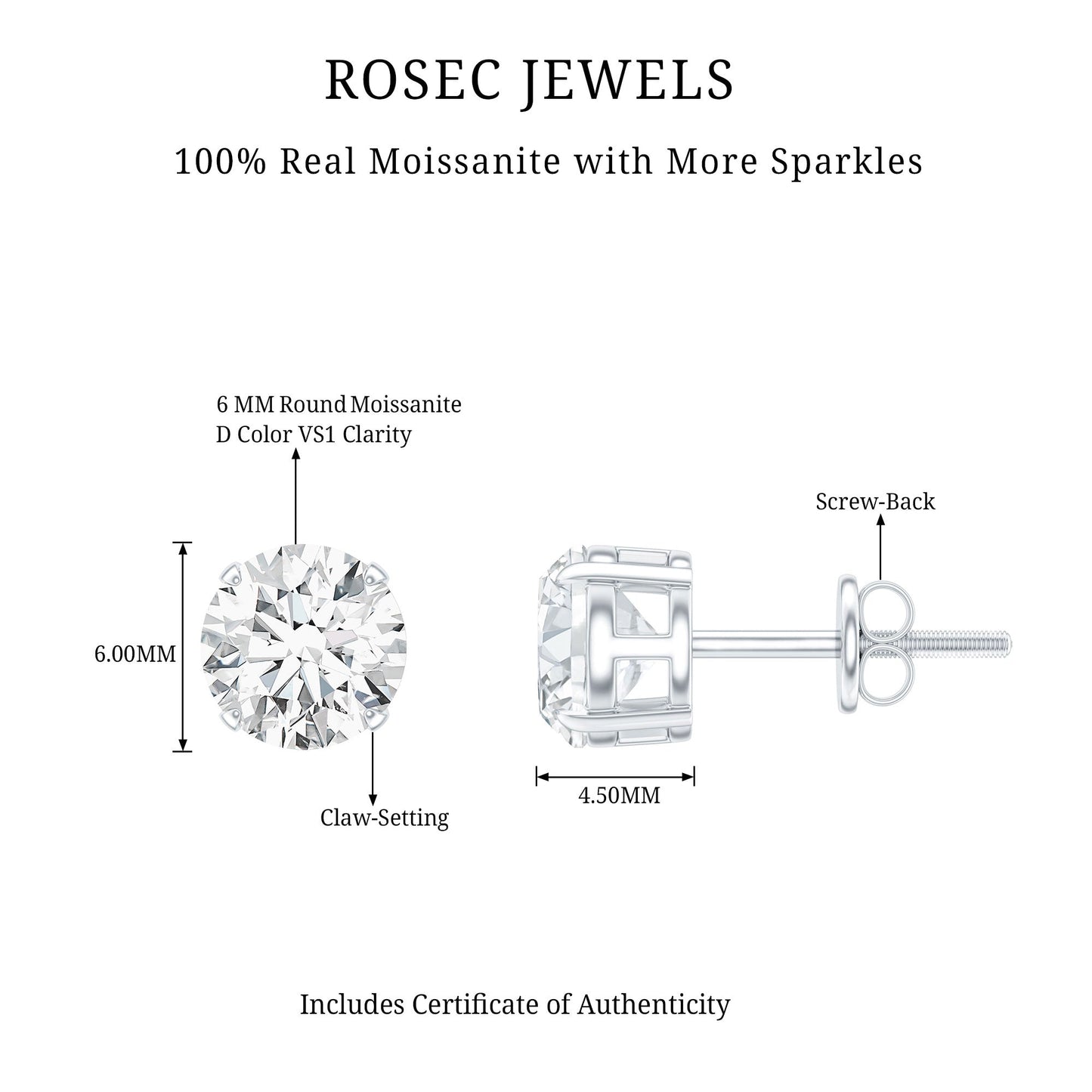 2 Carat Moissanite Solitaire Stud Earrings with Screw Backs