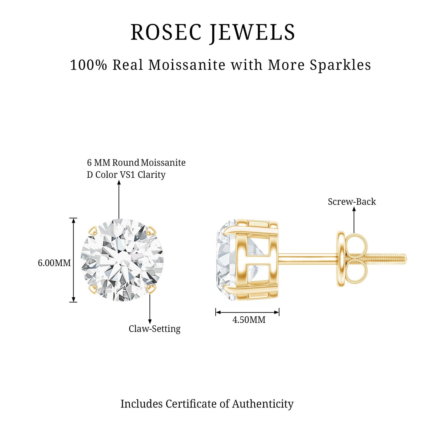 2 Carat Moissanite Solitaire Stud Earrings with Screw Backs