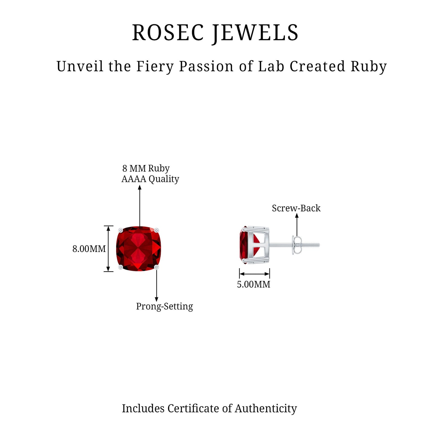 4 Carat Cushion Cut Created Ruby Solitaire Stud Earrings