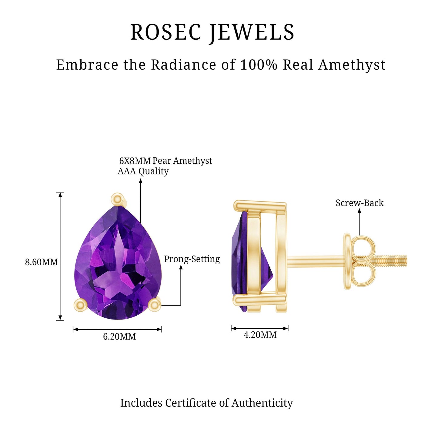 Natural Pear Shape Amethyst Teardrop Stud Earrings