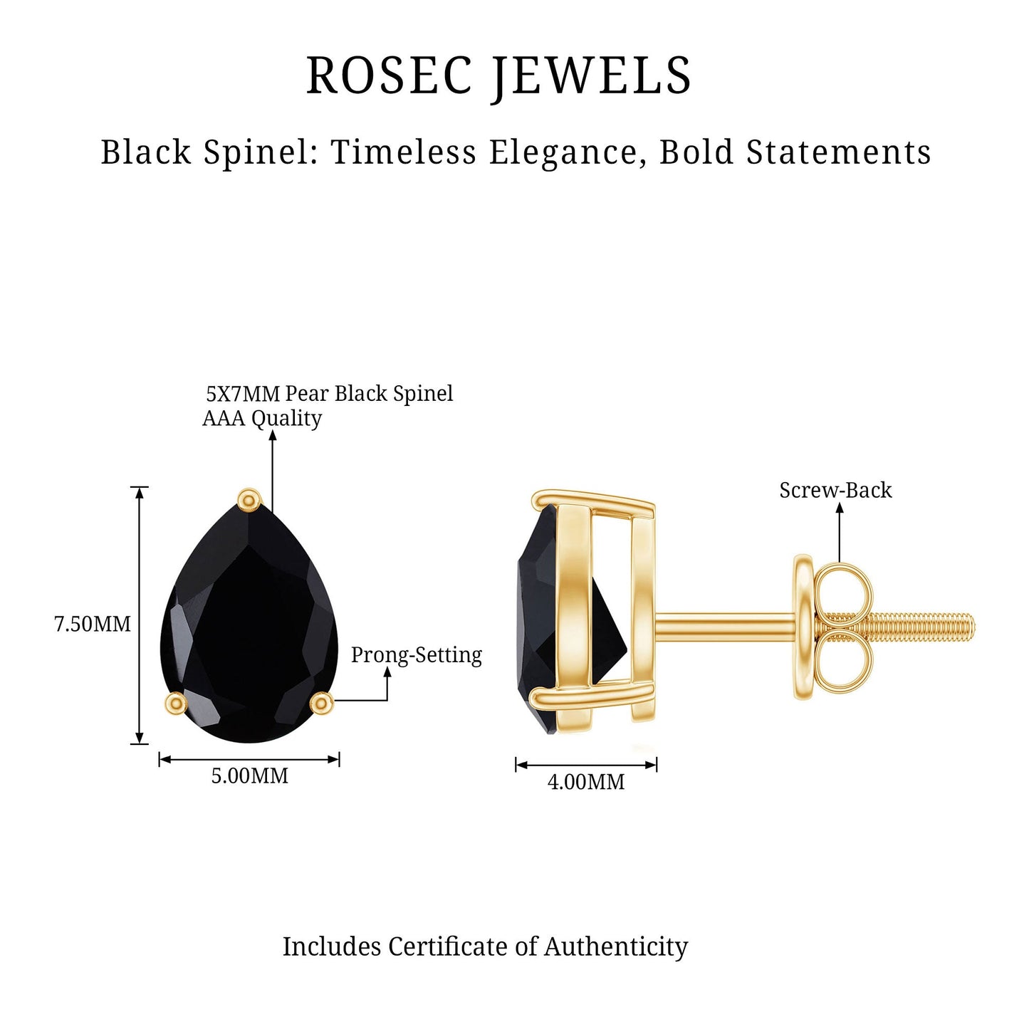 Certified Real Pear Shaped Black Spinel Earrings with Screw Back