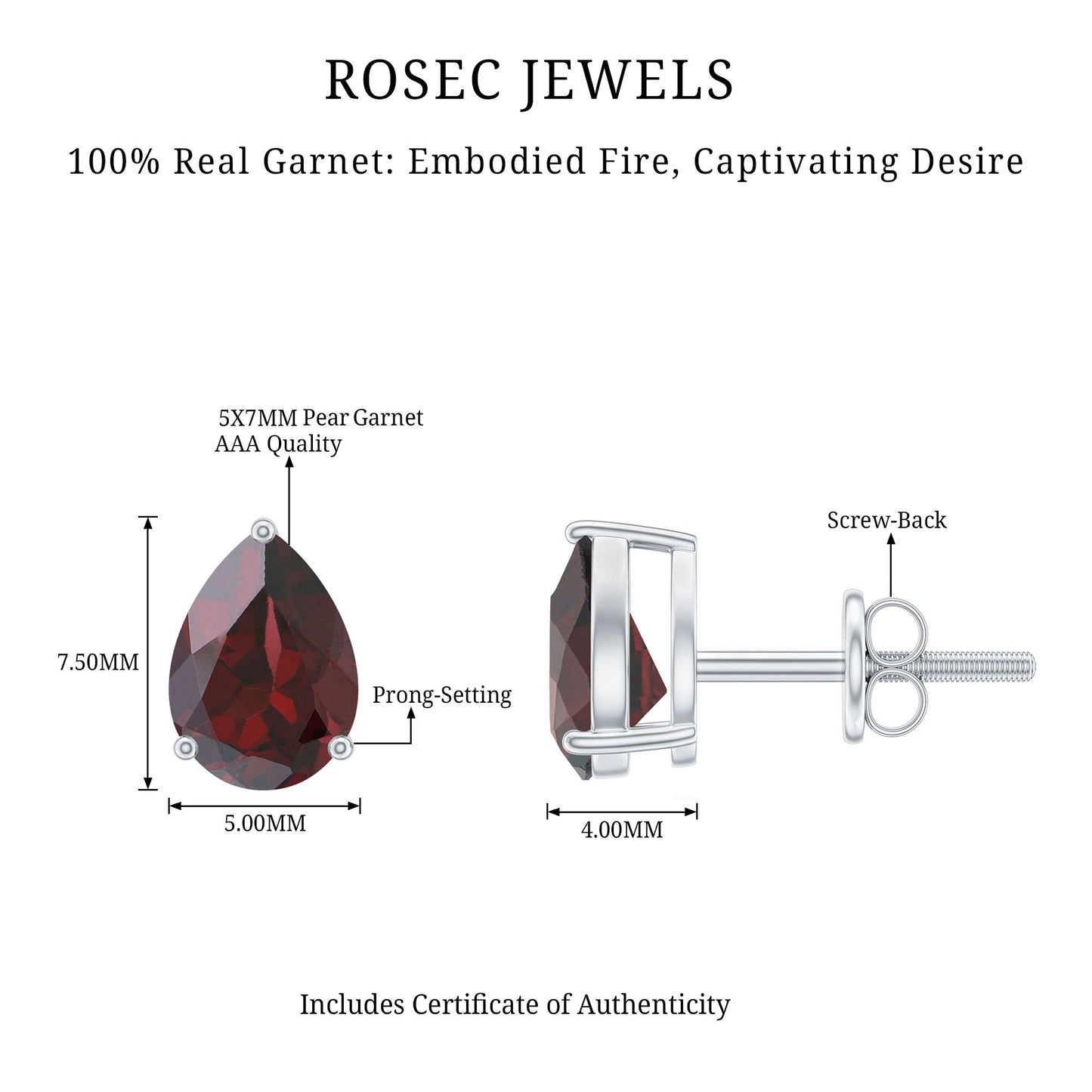 Genuine Pear Shaped Garnet Stud Earrings with Screw Backs