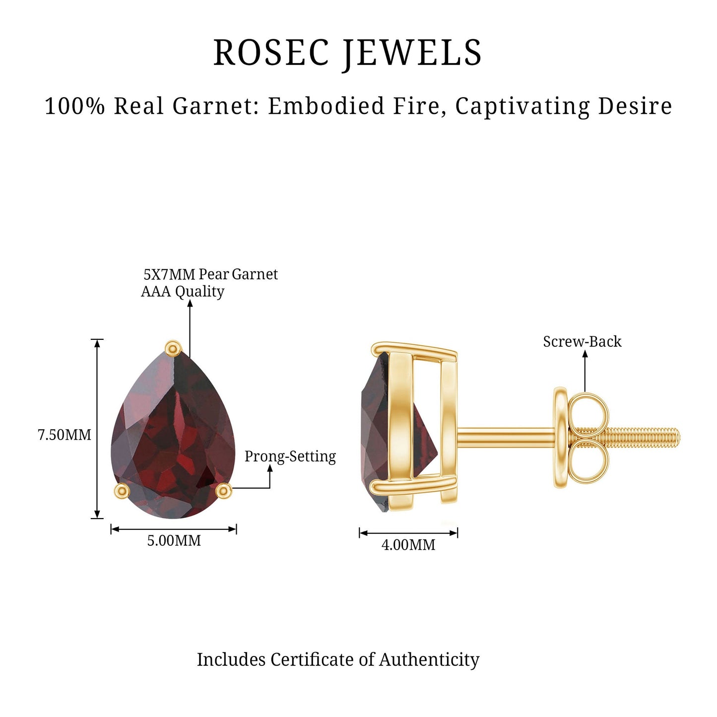 Genuine Pear Shaped Garnet Stud Earrings with Screw Backs
