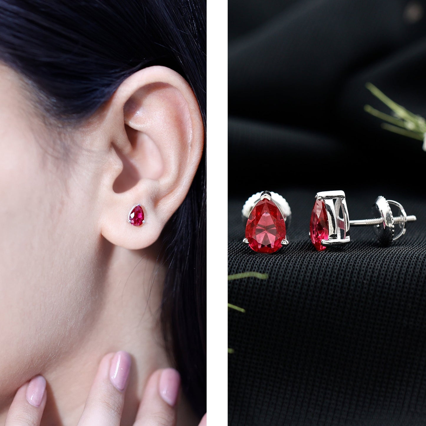 Solitaire 1.5 Carat Pear Shaped Lab Created Ruby Stud Earrings