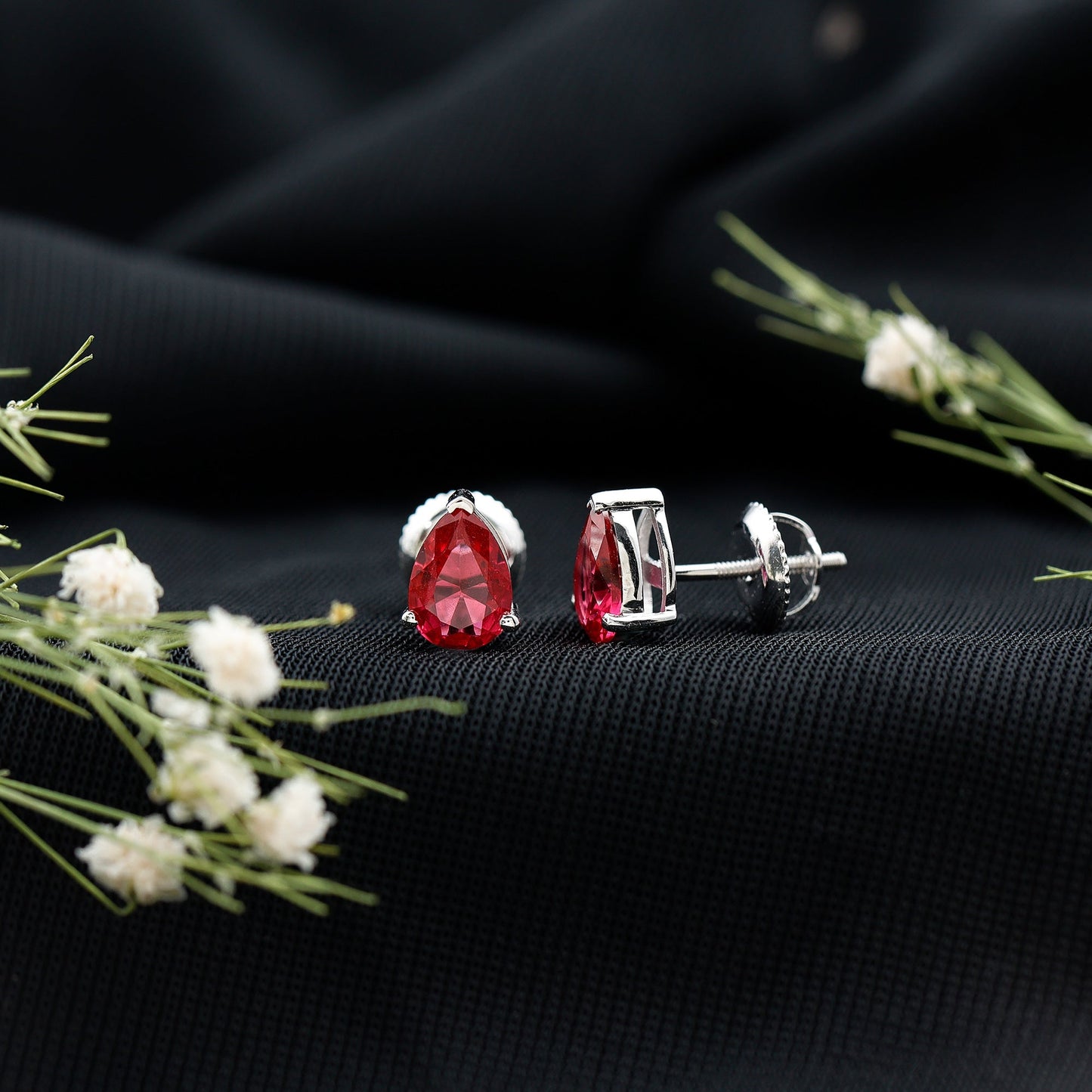 Solitaire 1.5 Carat Pear Shaped Lab Created Ruby Stud Earrings