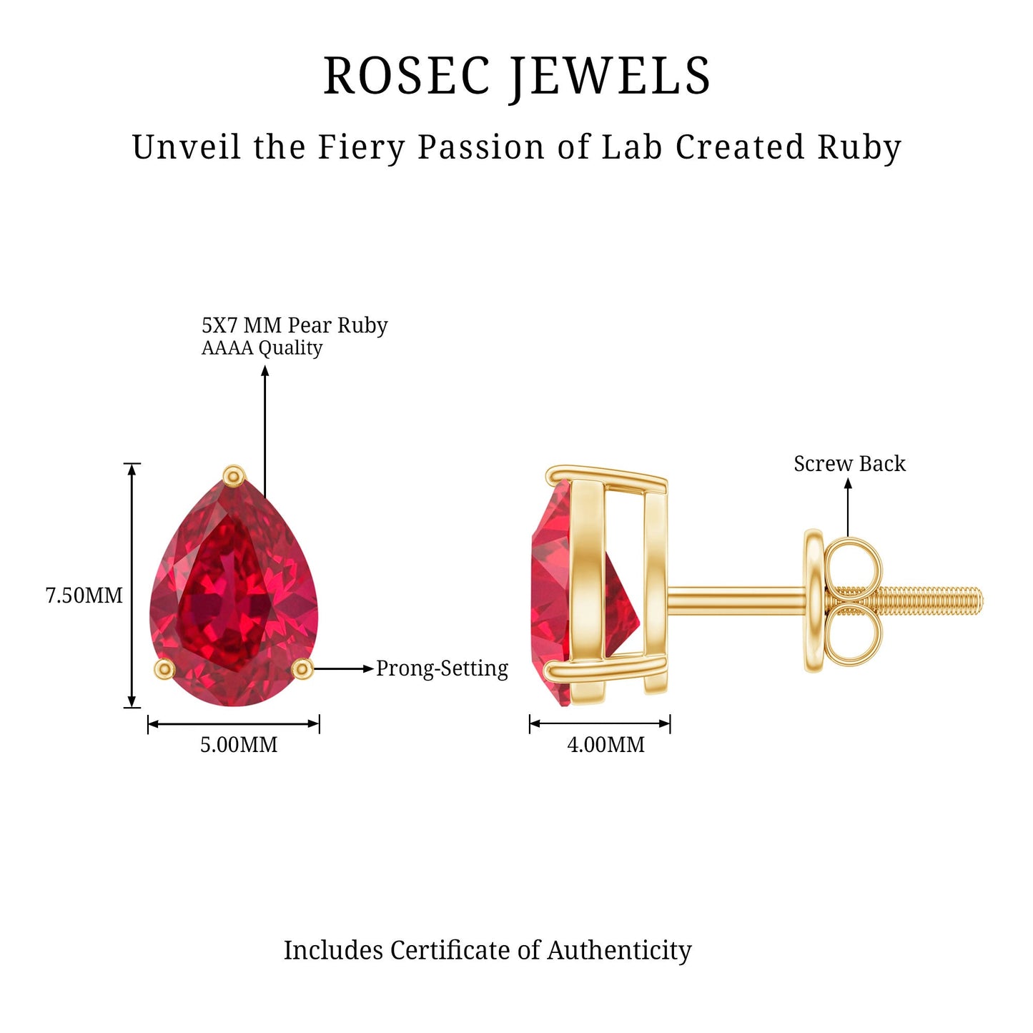 Solitaire 1.5 Carat Pear Shaped Lab Created Ruby Stud Earrings