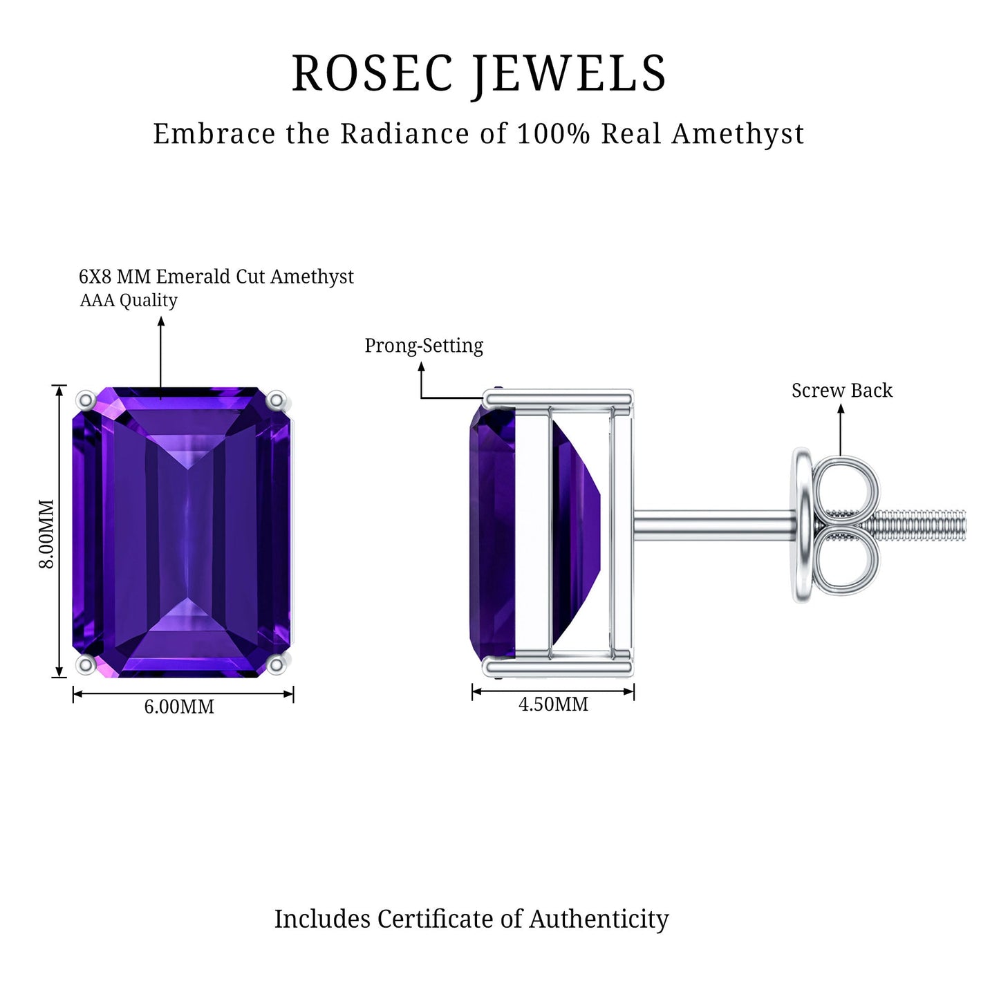 2.8 Carat Emerald Cut Amethyst Solitaire Stud Earrings