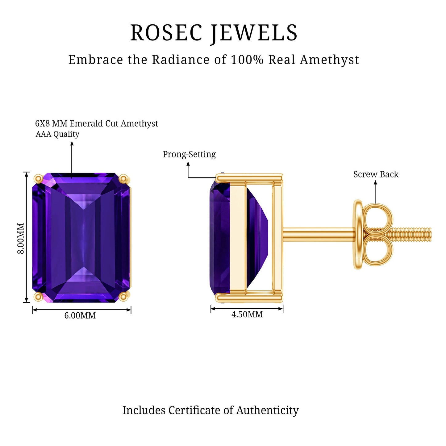 2.8 Carat Emerald Cut Amethyst Solitaire Stud Earrings