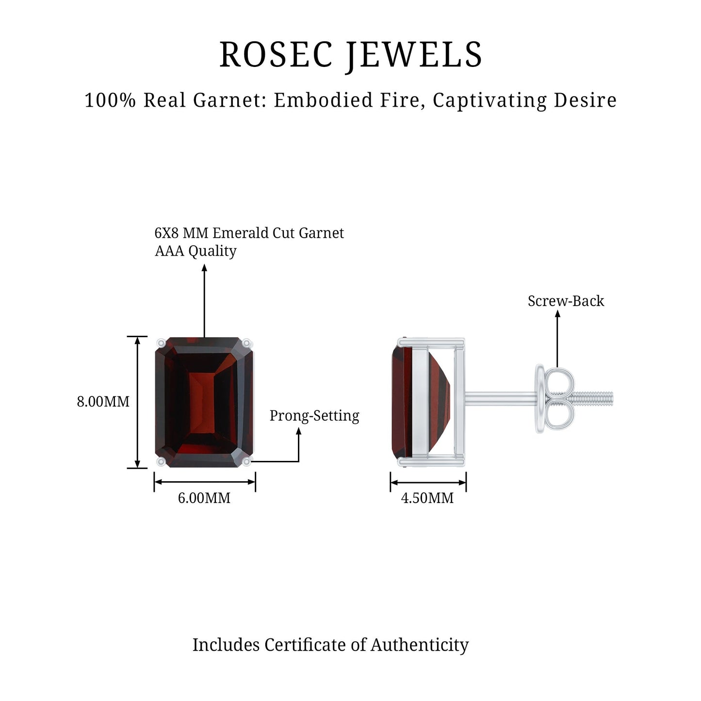 Real 4.32 Carat Emerald Cut Garnet Stud Earrings with Screw on Backs