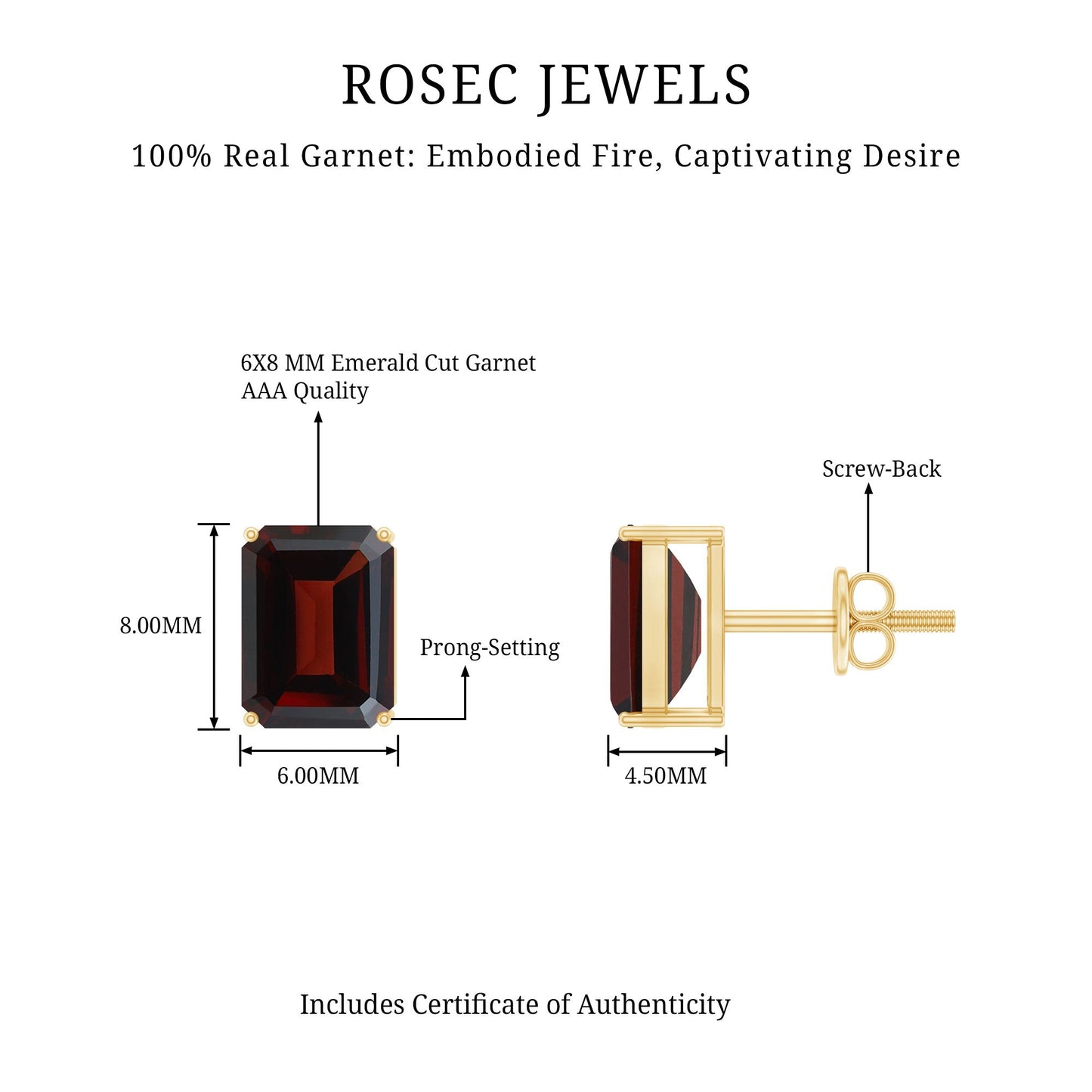Real 4.32 Carat Emerald Cut Garnet Stud Earrings with Screw on Backs