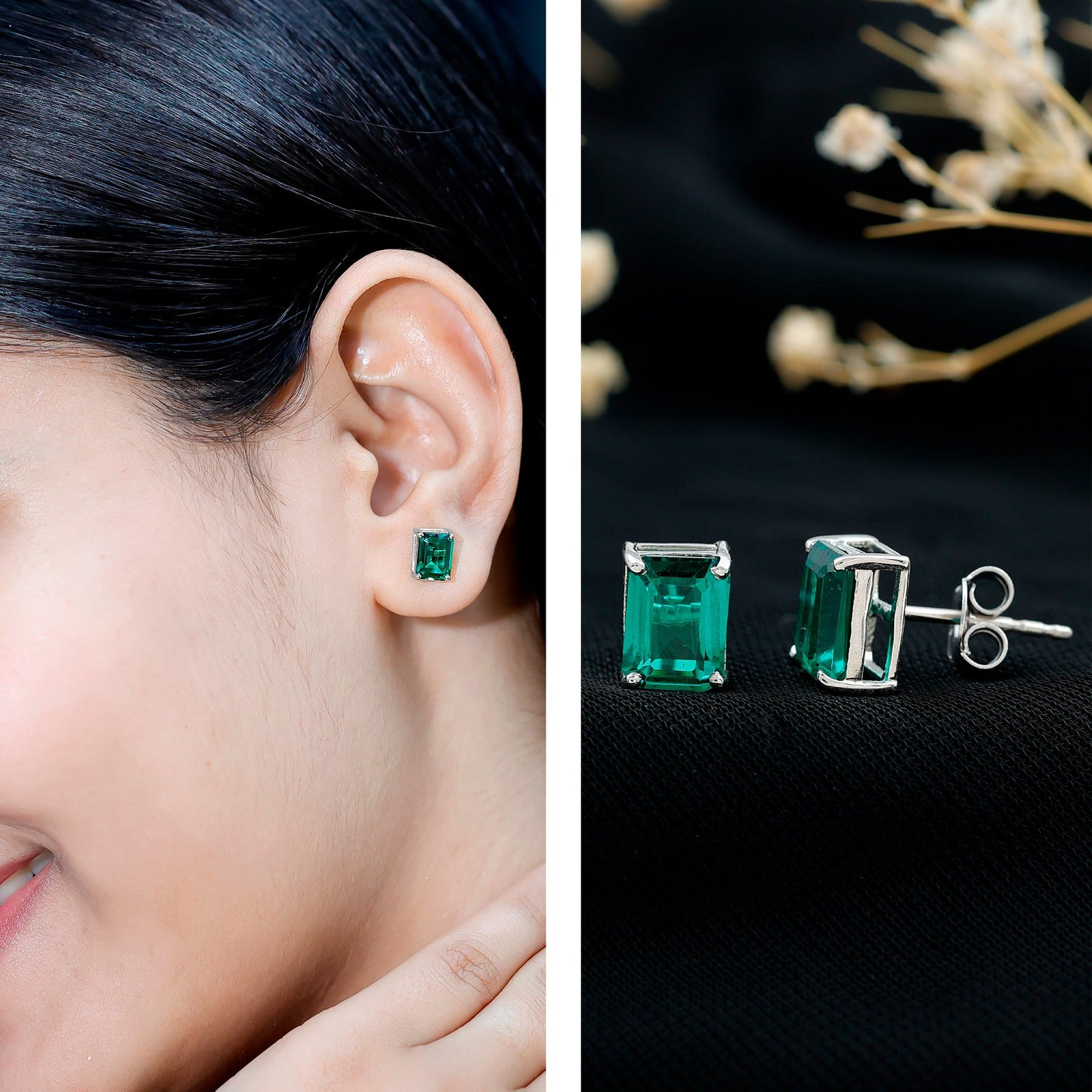 3.3 Carat Emerald Cut Lab Grown Emerald Solitaire Stud Earrings