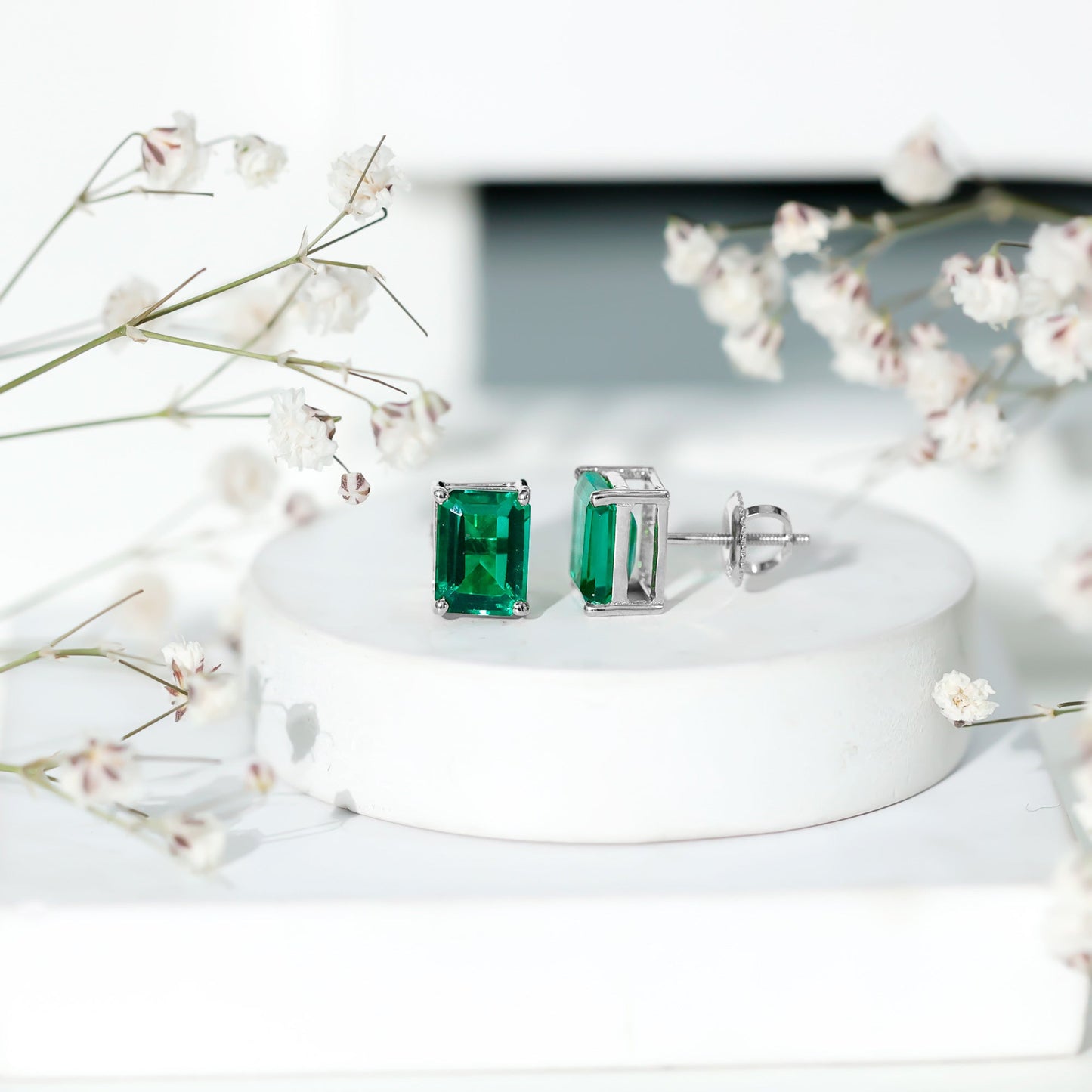 3.3 Carat Emerald Cut Lab Grown Emerald Solitaire Stud Earrings