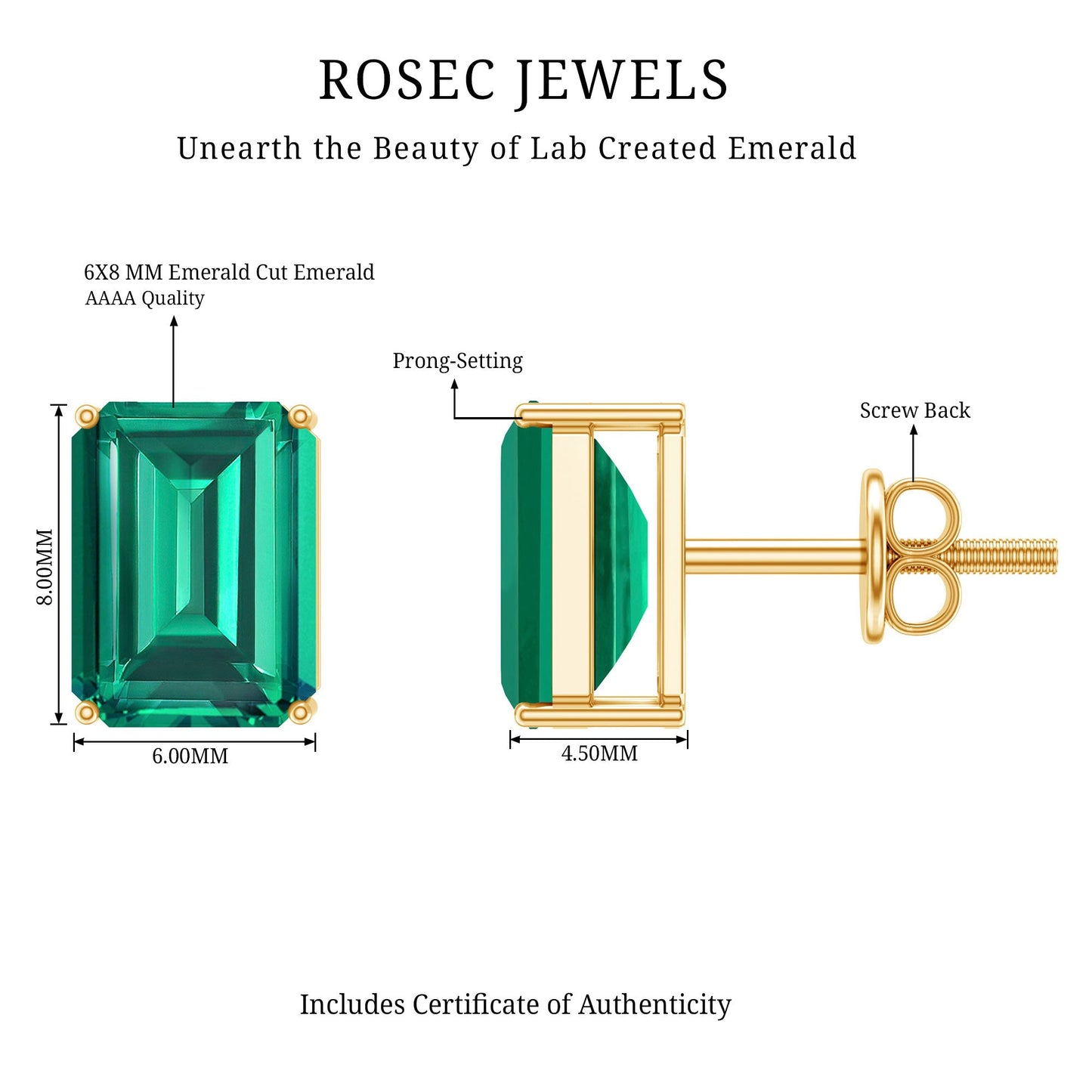 3.3 Carat Emerald Cut Lab Grown Emerald Solitaire Stud Earrings