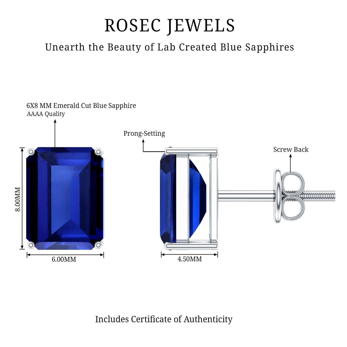 3.5 CT Emerald Cut Lab Created Blue Sapphire Big Stud Earrings