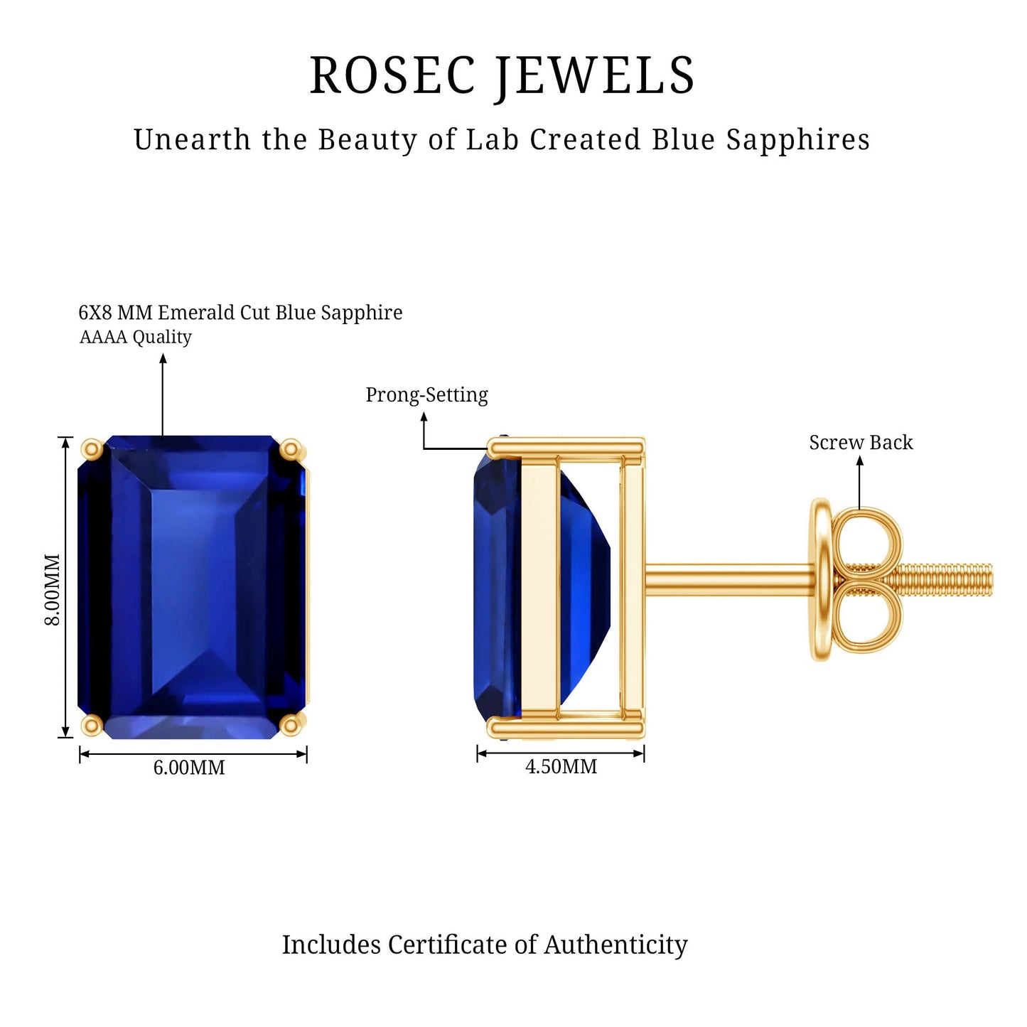 3.5 CT Emerald Cut Lab Created Blue Sapphire Big Stud Earrings