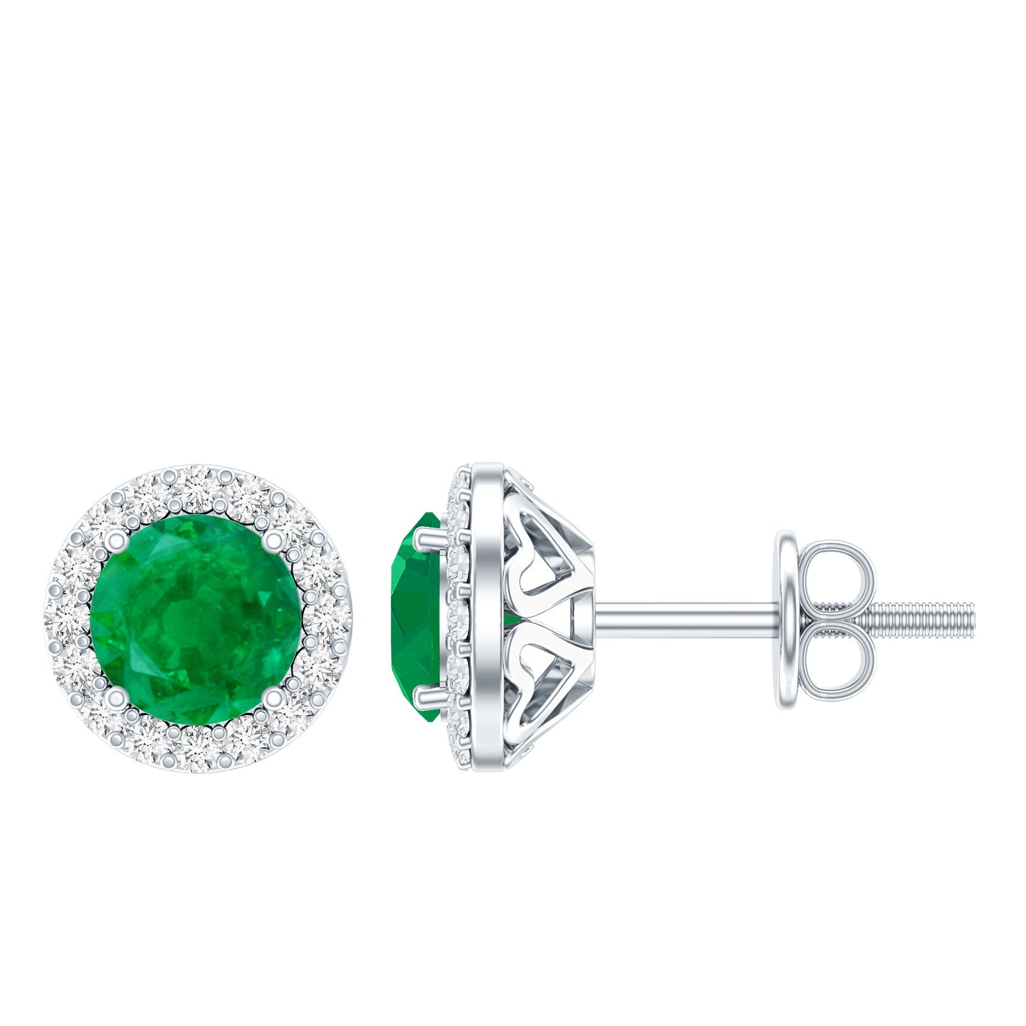 Halo Stud Earrings with Emerald and Diamond
