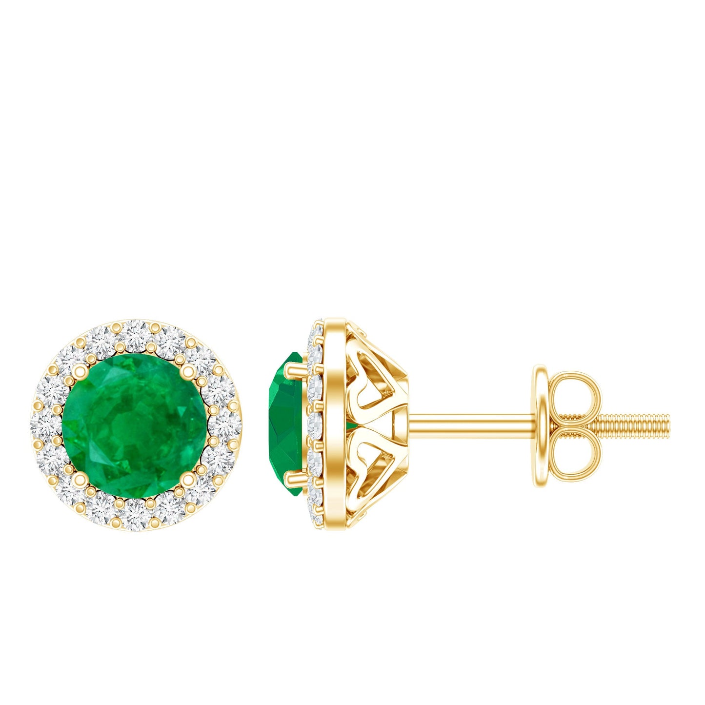 Halo Stud Earrings with Emerald and Diamond