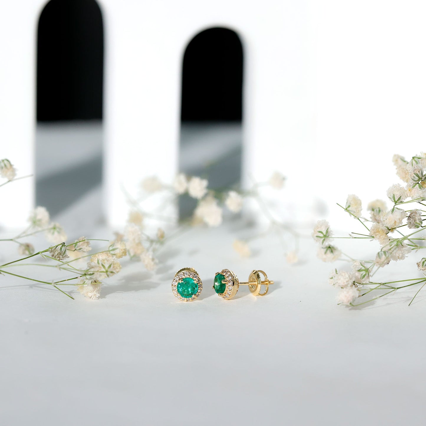 Halo Stud Earrings with Emerald and Diamond