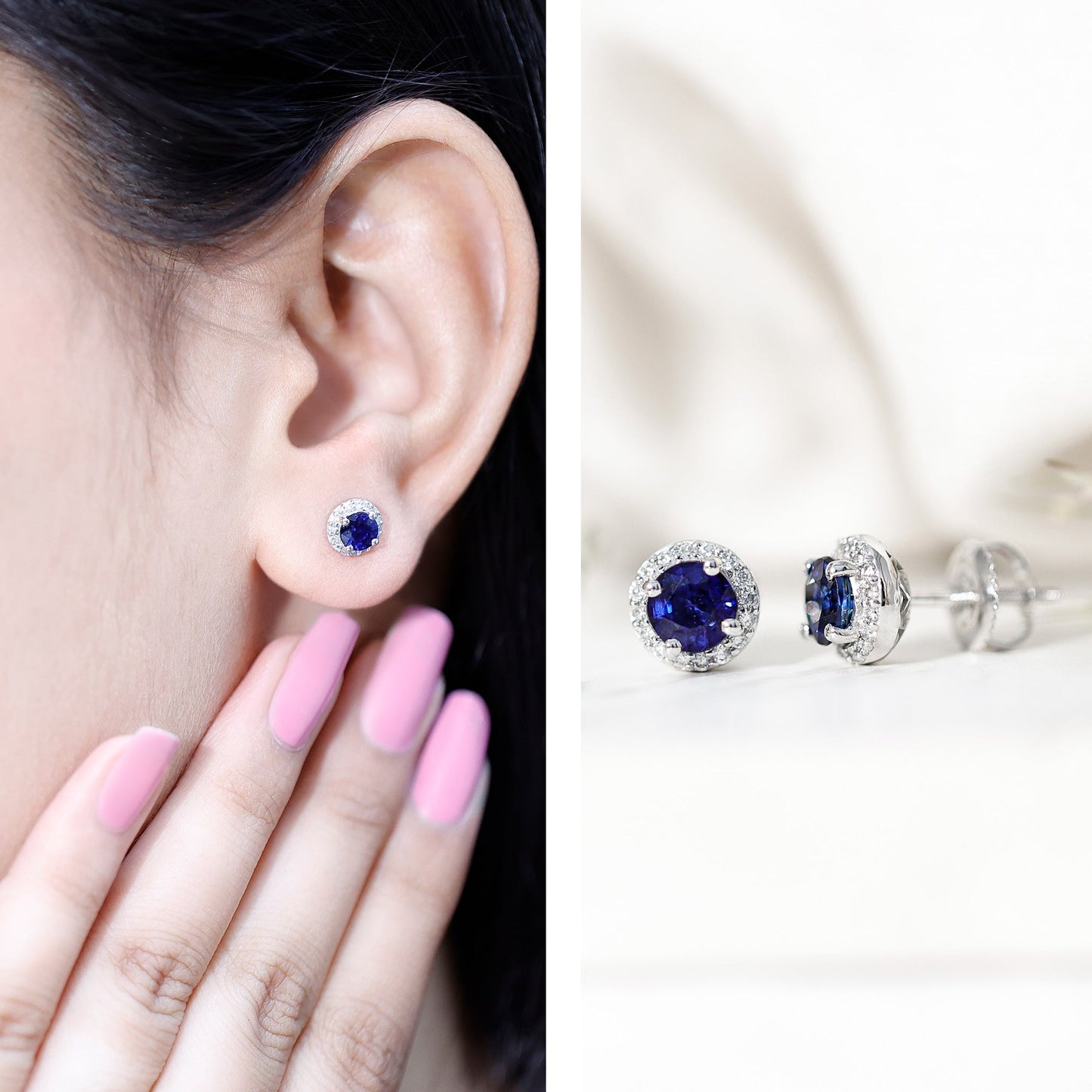 Real 1.9 Carat Blue Sapphire and Diamond Halo Stud Earrings