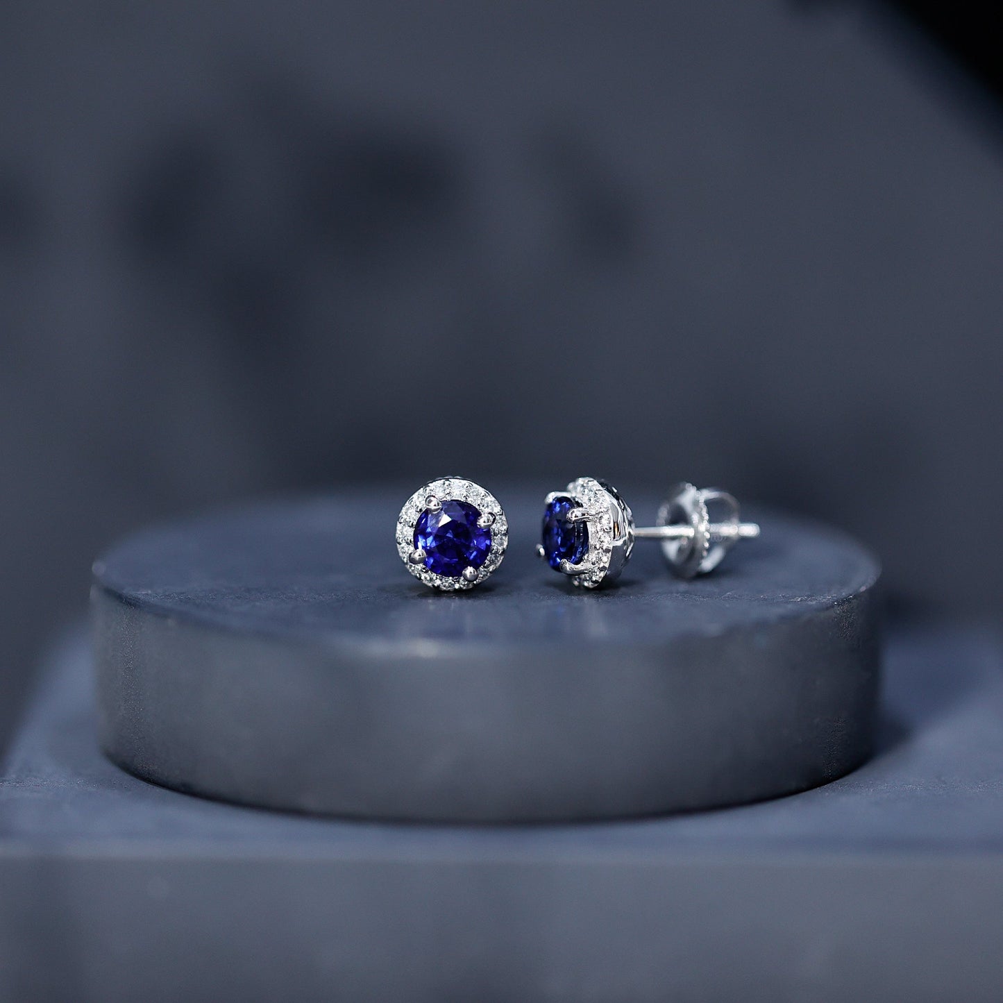Real 1.9 Carat Blue Sapphire and Diamond Halo Stud Earrings