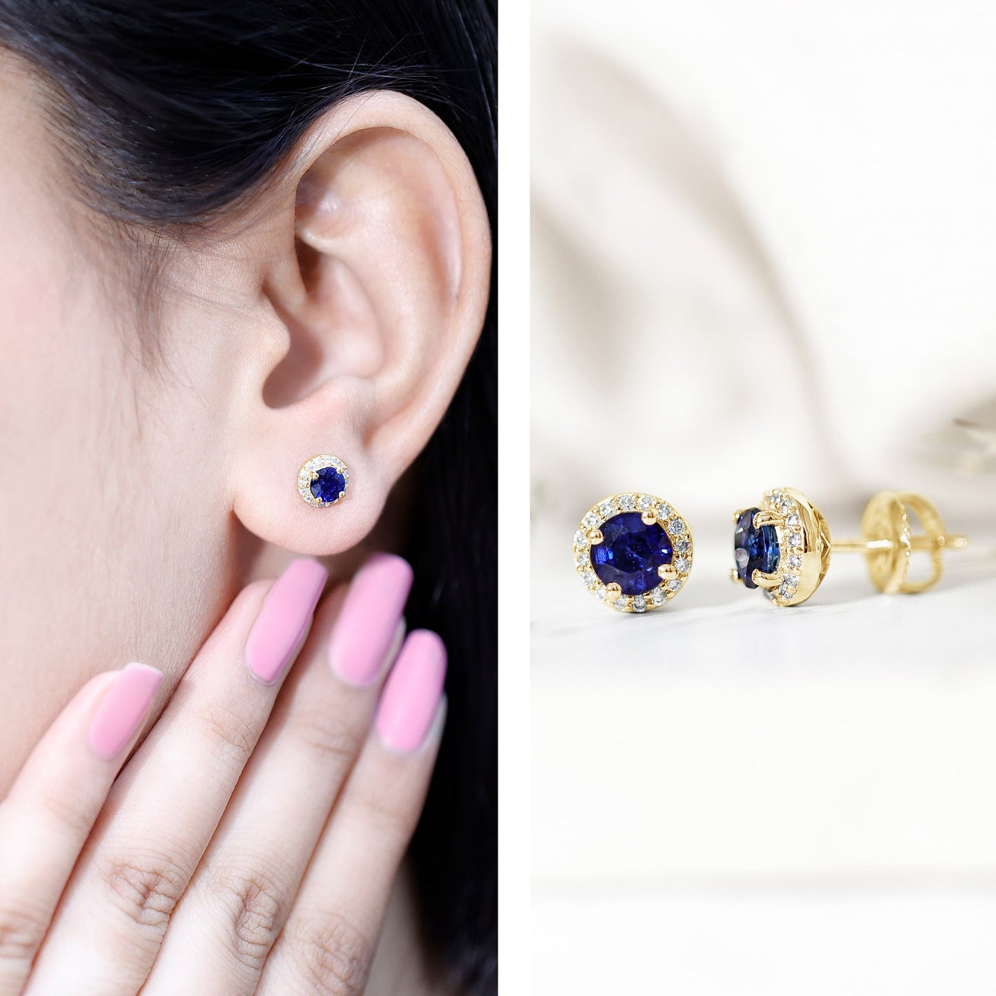 Real 1.9 Carat Blue Sapphire and Diamond Halo Stud Earrings