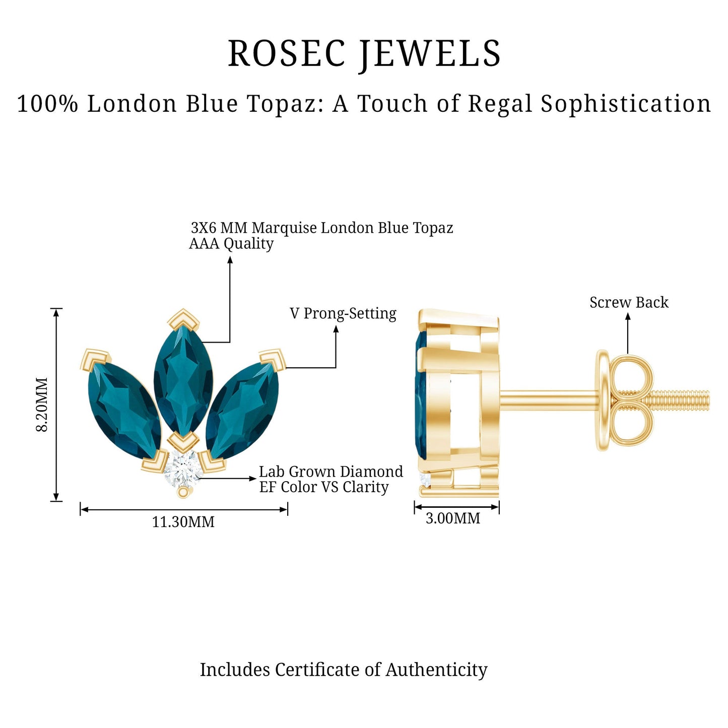 Floral Stud Earrings with London Blue Topaz and Diamond