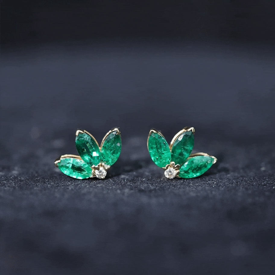Genuine Emerald and Diamond Lotus Stud Earrings