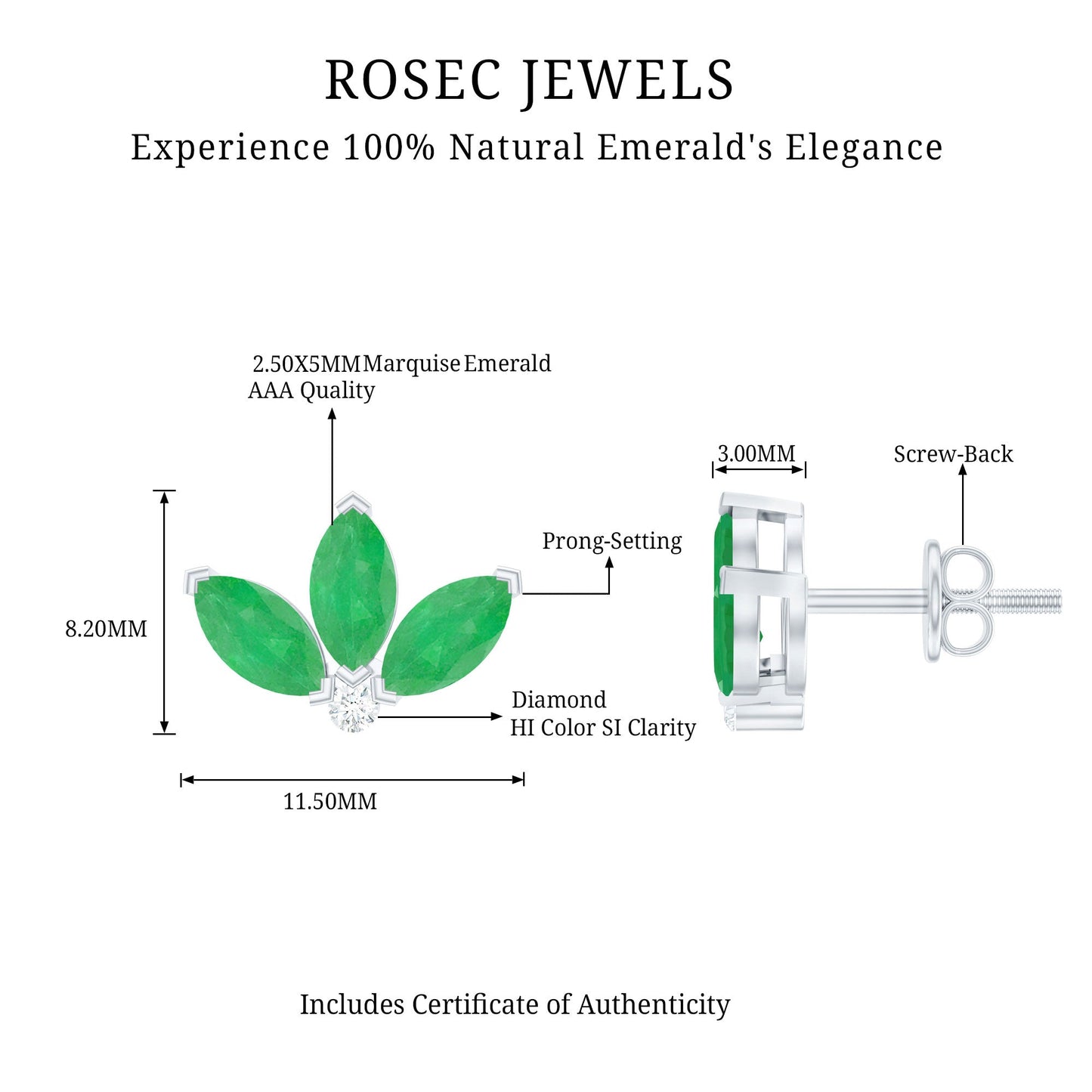 Genuine Emerald and Diamond Lotus Stud Earrings
