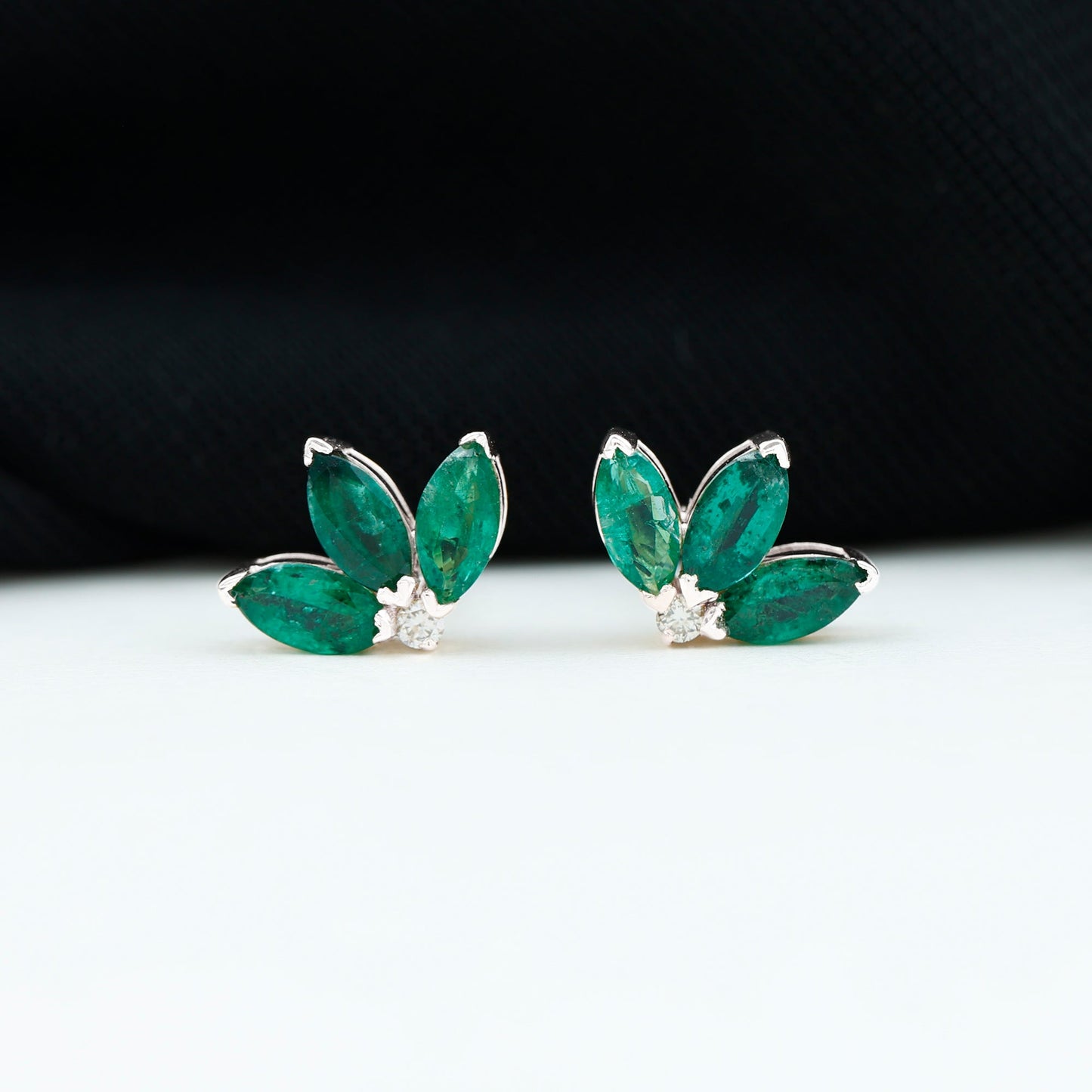 Genuine Emerald and Diamond Lotus Stud Earrings
