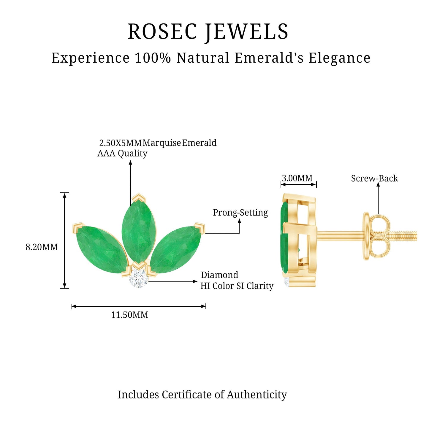 Genuine Emerald and Diamond Lotus Stud Earrings