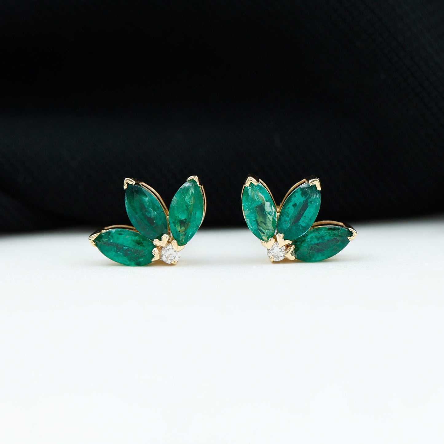 Genuine Emerald and Diamond Lotus Stud Earrings