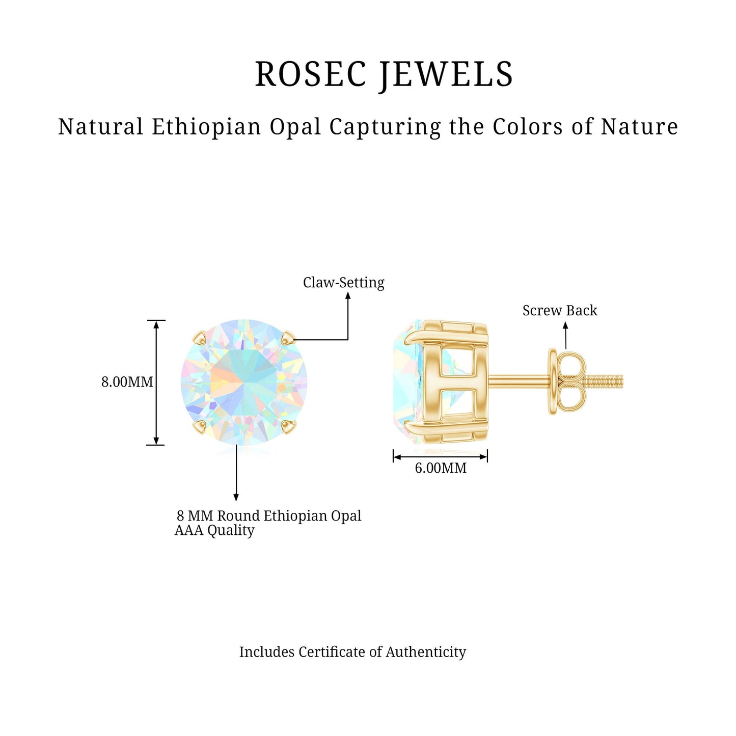4 Carat Round Cut Ethiopian Opal Solitaire Stud Earrings for Women