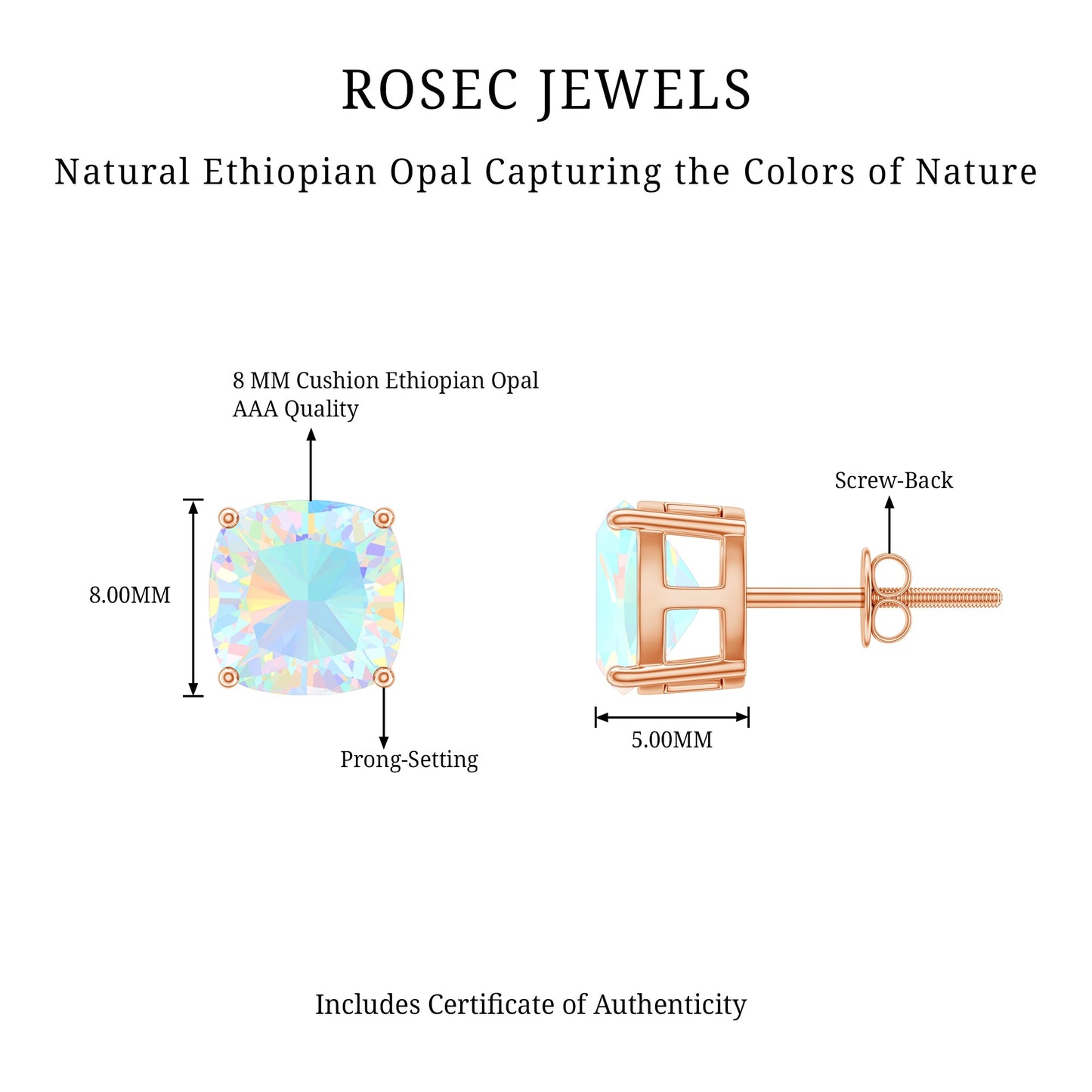 3.7 Carat Cushion Cut Ethiopian Opal Solitaire Stud Earrings