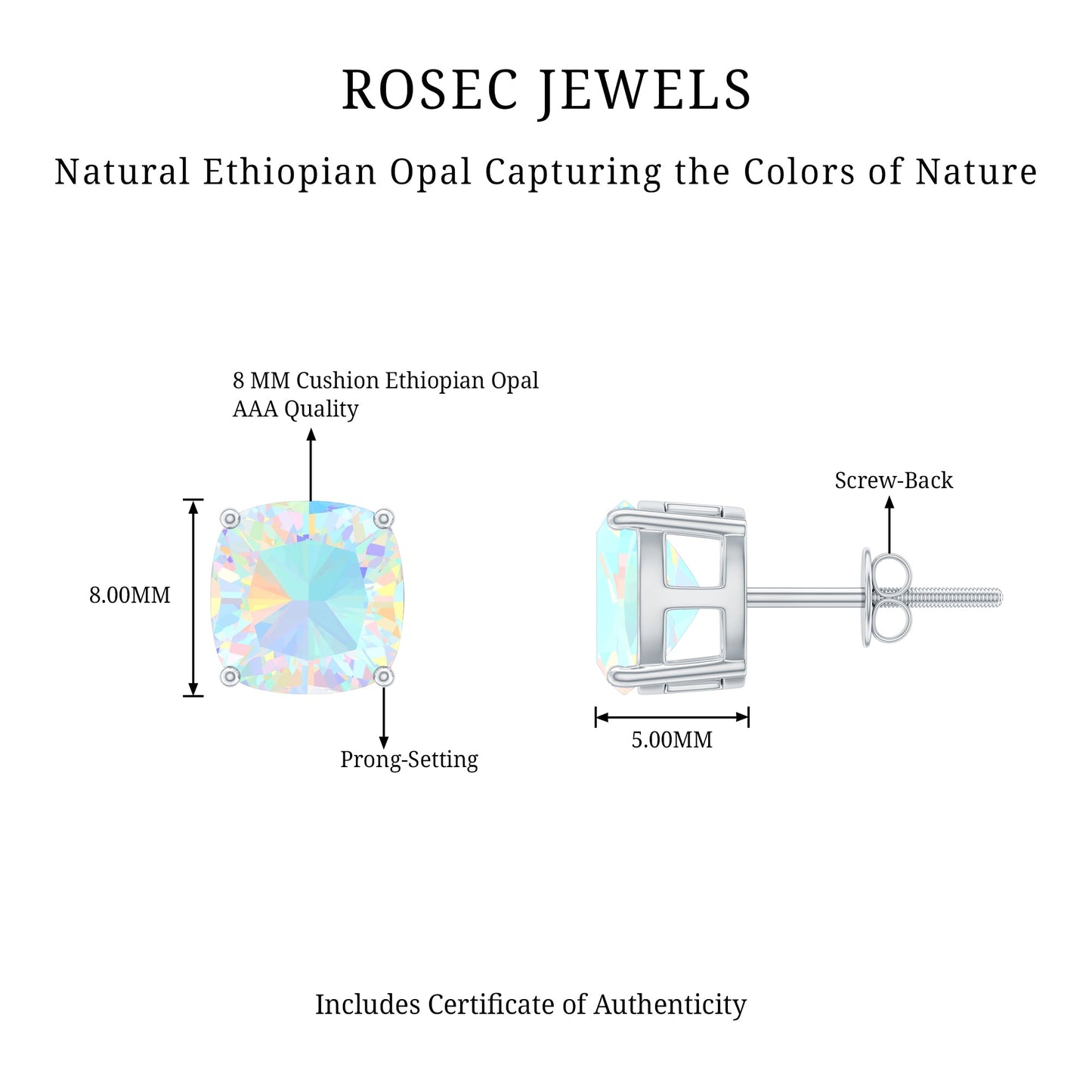 3.7 Carat Cushion Cut Ethiopian Opal Solitaire Stud Earrings