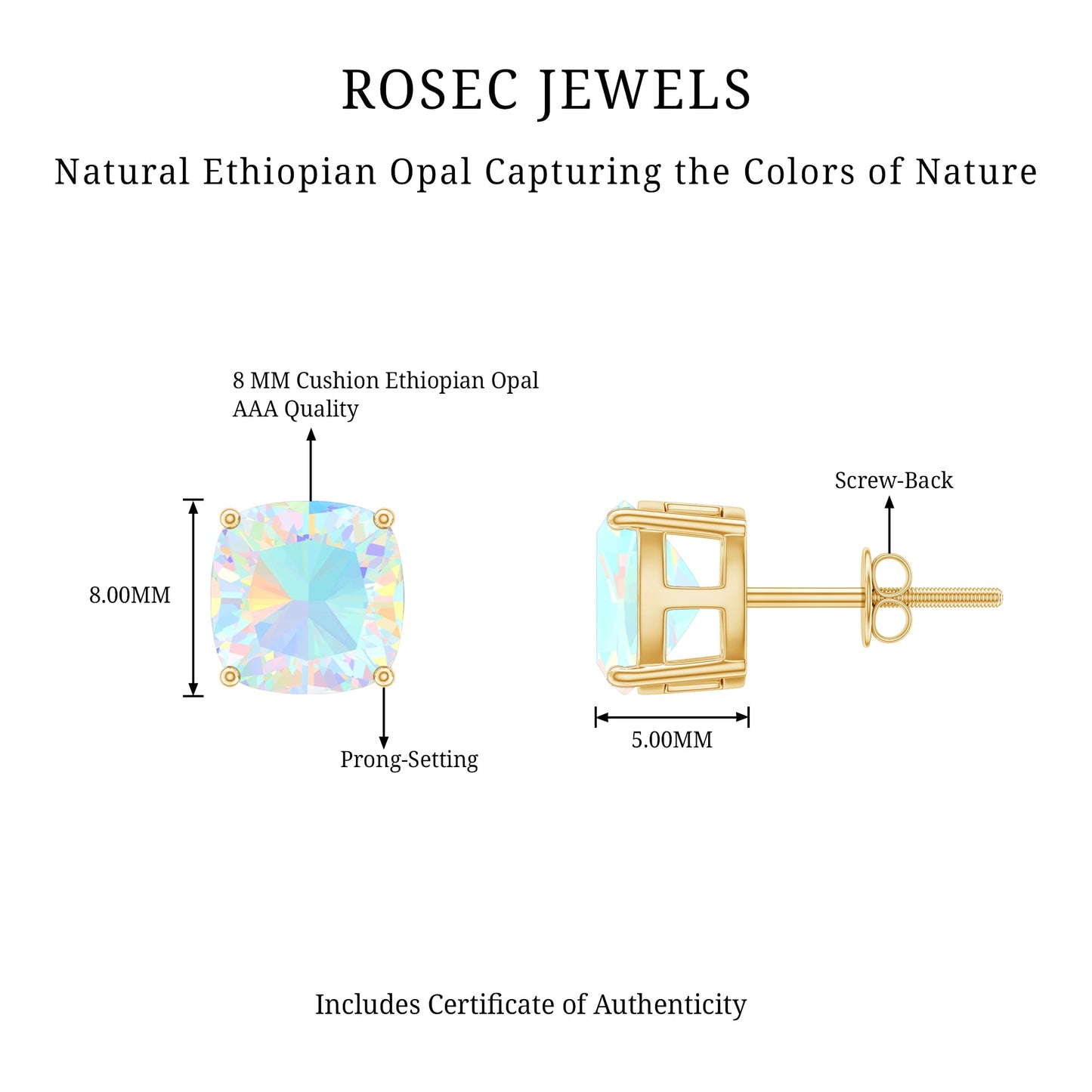 3.7 Carat Cushion Cut Ethiopian Opal Solitaire Stud Earrings