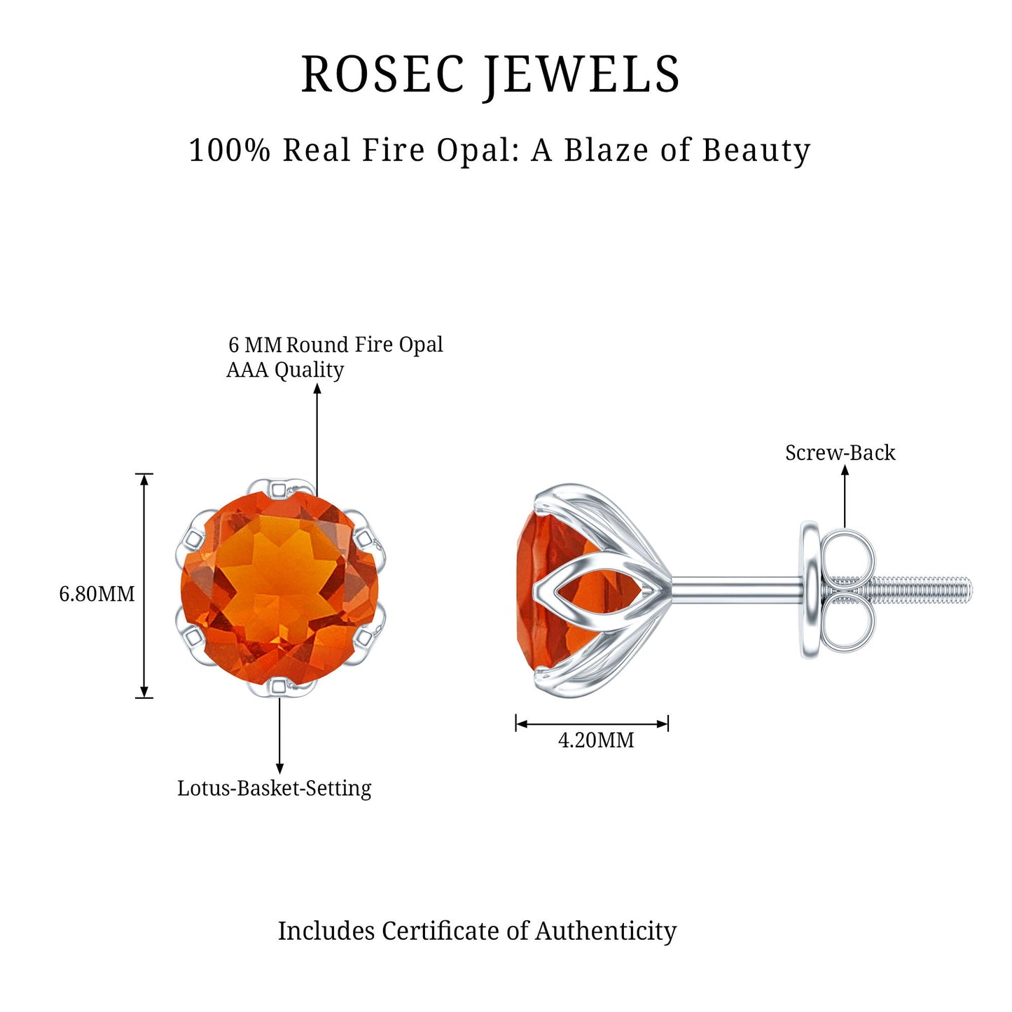 Certified Natural Fire Opal Stud Earrings with Screw Back